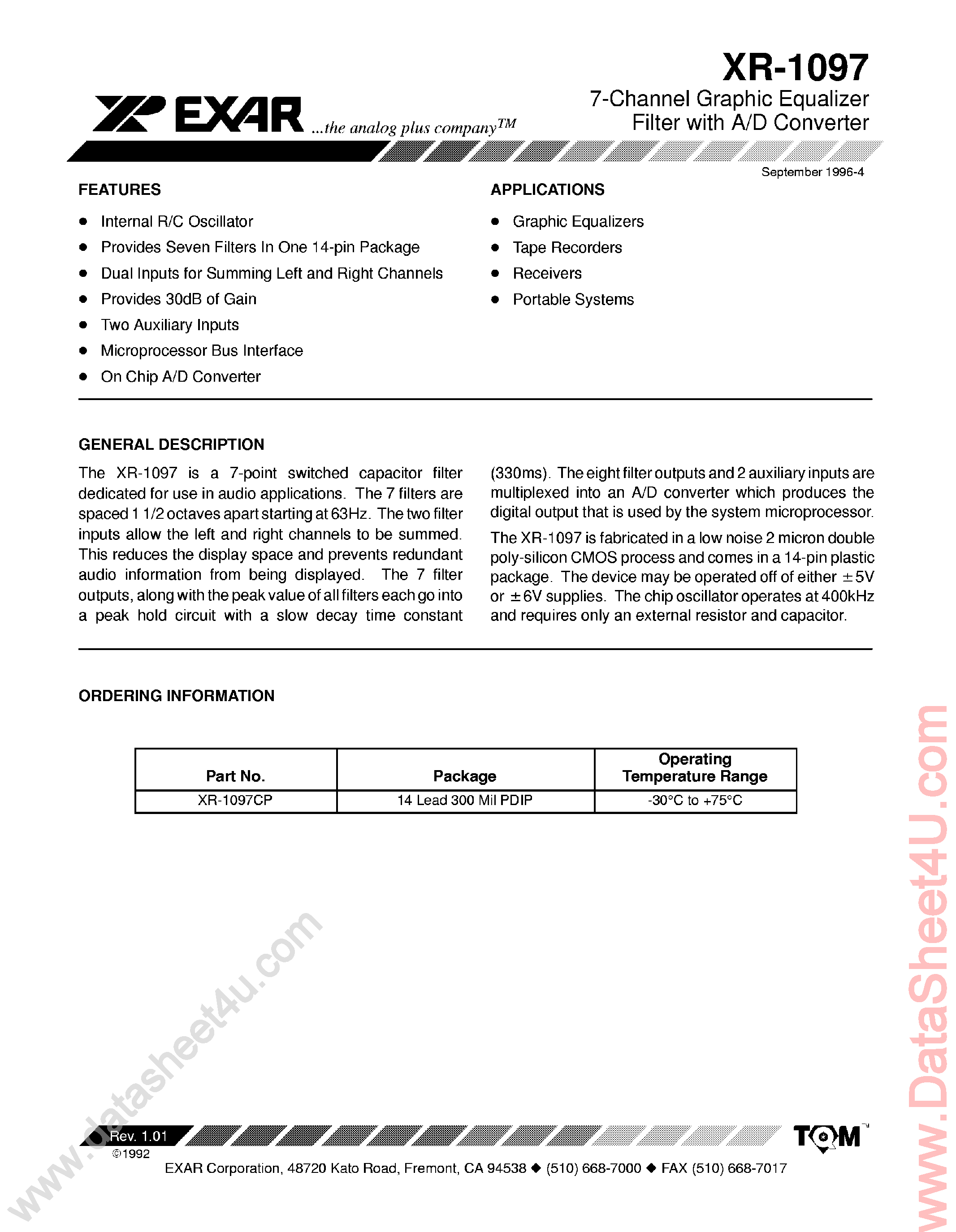 Datasheet XR-1097 - 7-Channel Graphic Equalizer Filter page 1