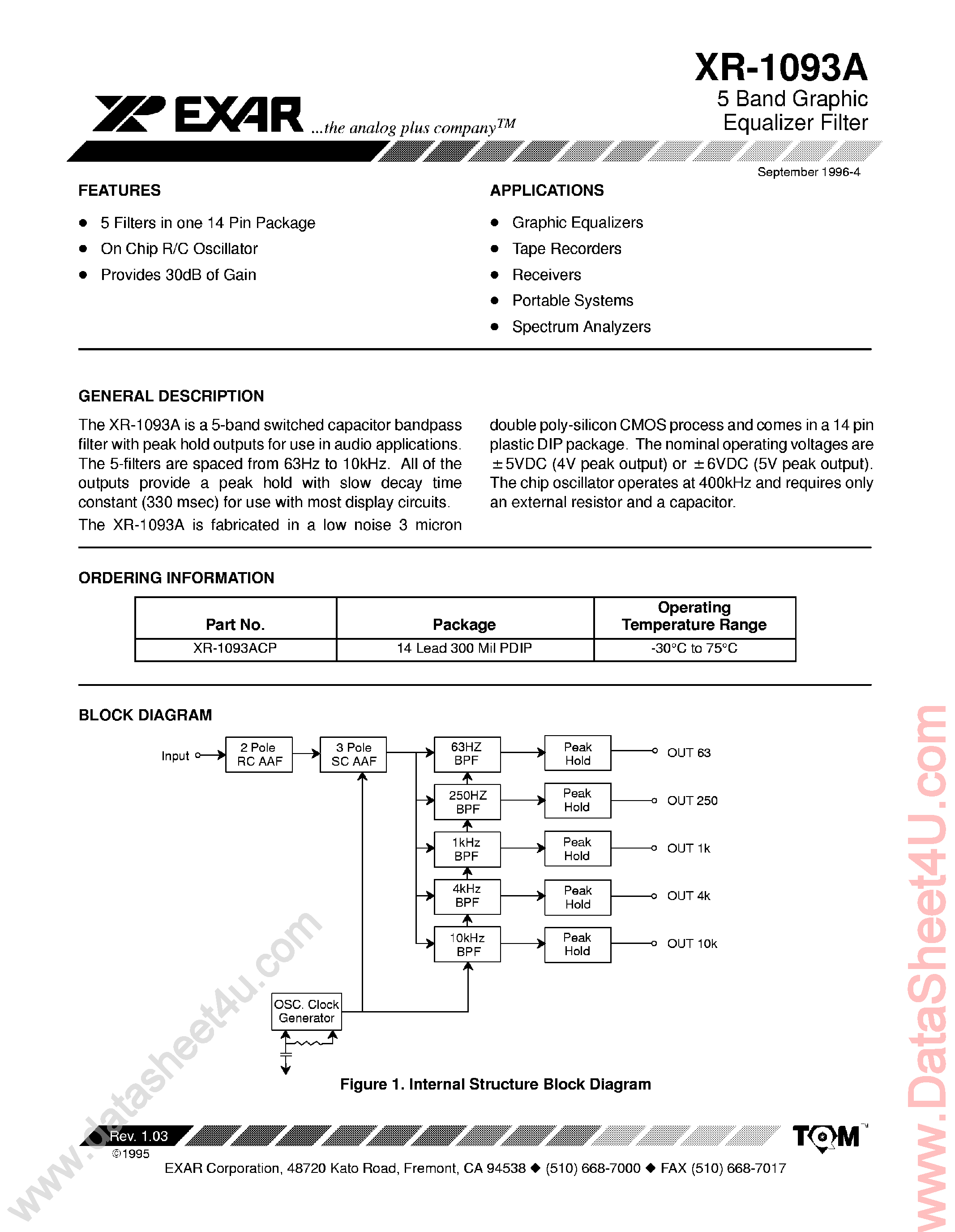 Datasheet XR-1093A page 1 Datasheet XR-1093A - 5 Band Graphic Equalizer Filter page 1