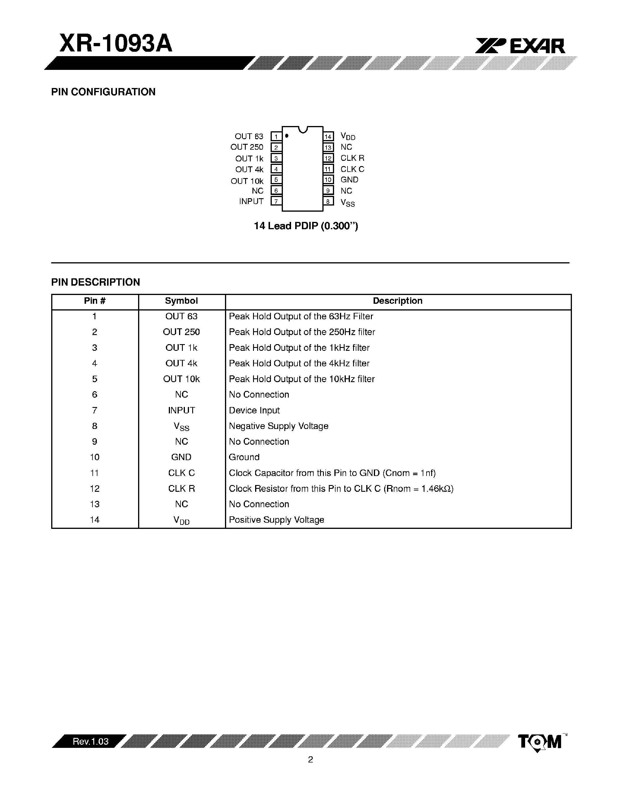 Datasheet XR-1093A page 2 Datasheet XR-1093A - 5 Band Graphic Equalizer Filter page 2
