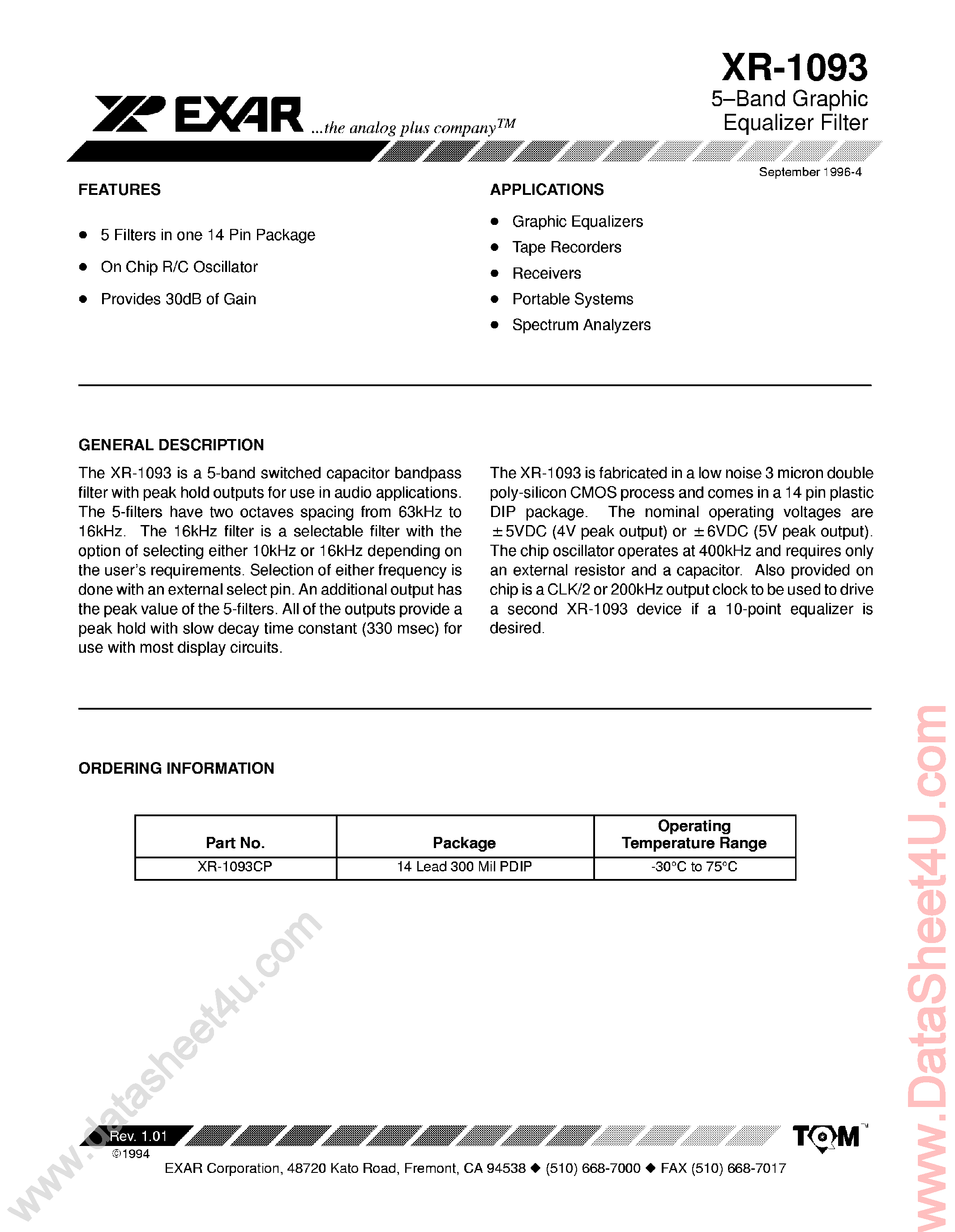 Datasheet XR-1093 page 1 Datasheet XR-1093 - 5 Band Graphic Equalizer Filter page 1