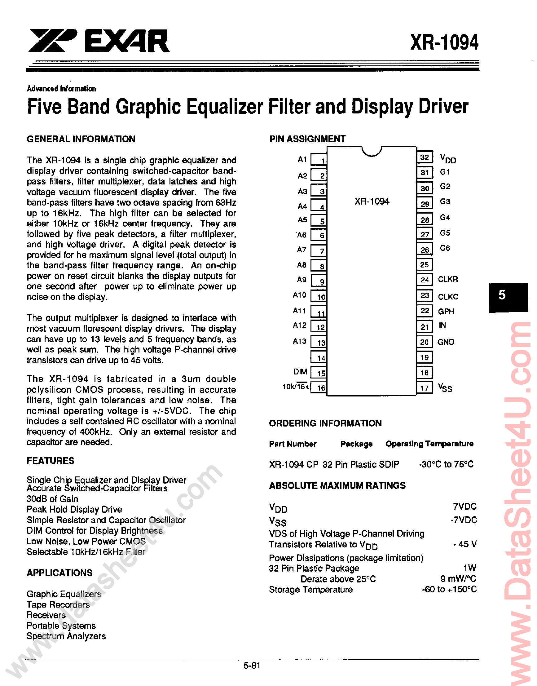 Datasheet XR-1094 page 1 Datasheet XR-1094 - 5 Band Graphic Equalizer Filter and Display Driver page 1