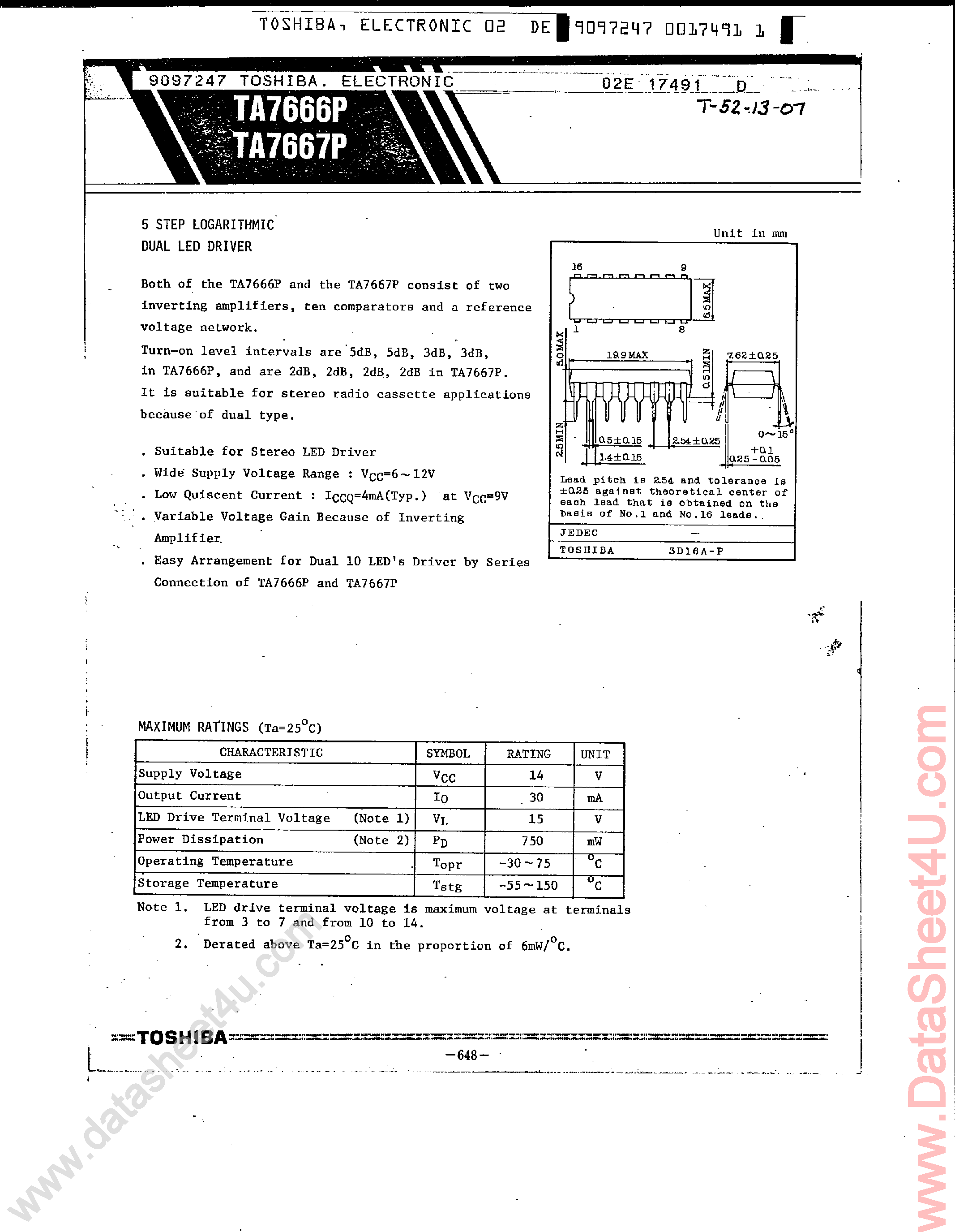 Datasheet TA7666P - (TA7666P / TA7667P) 5 Step Logarithmic Dual LED Driver page 1