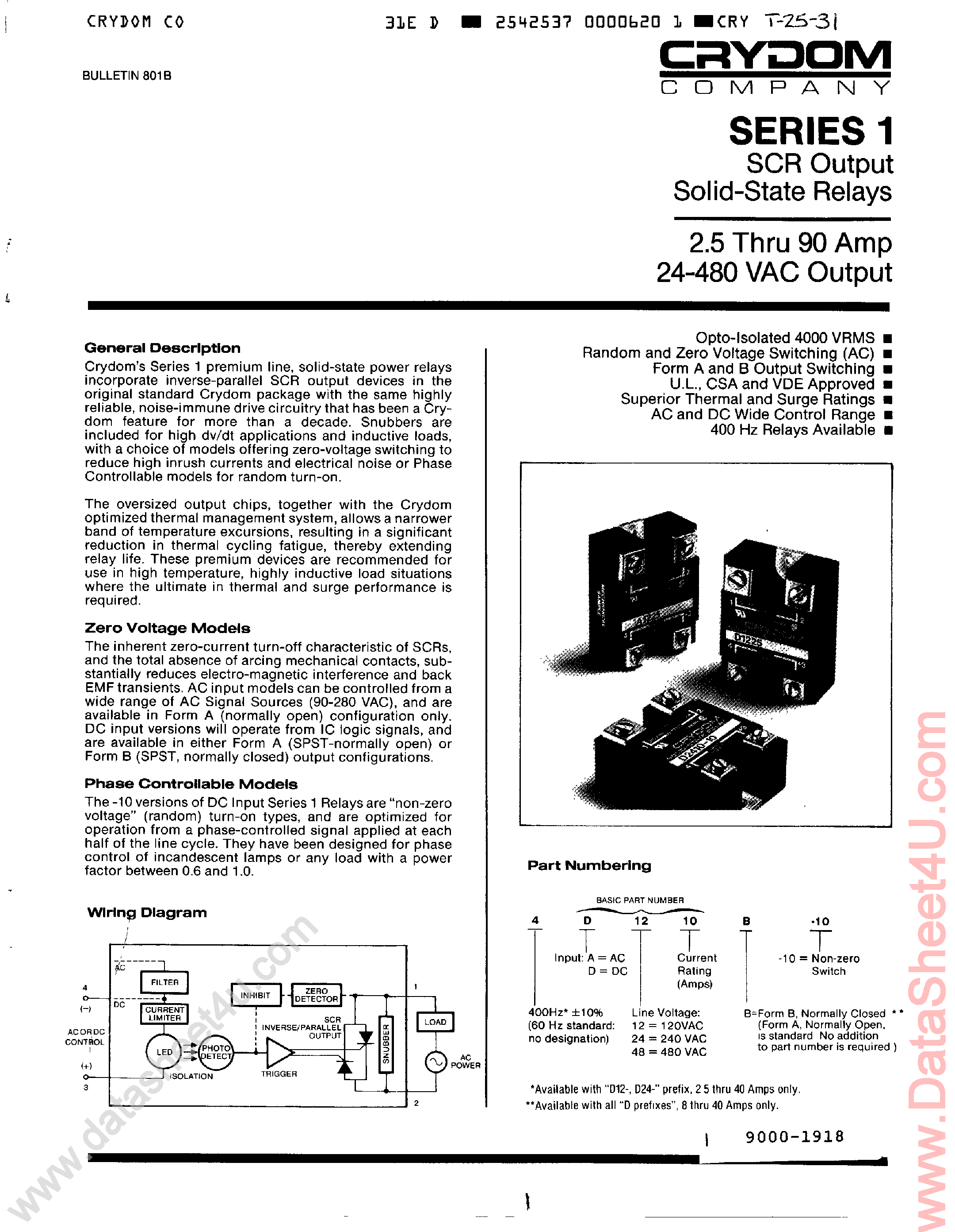 Datasheet D4808 page 1 Datasheet D4808 - (Series) SCR Output Solid-State Relays page 1