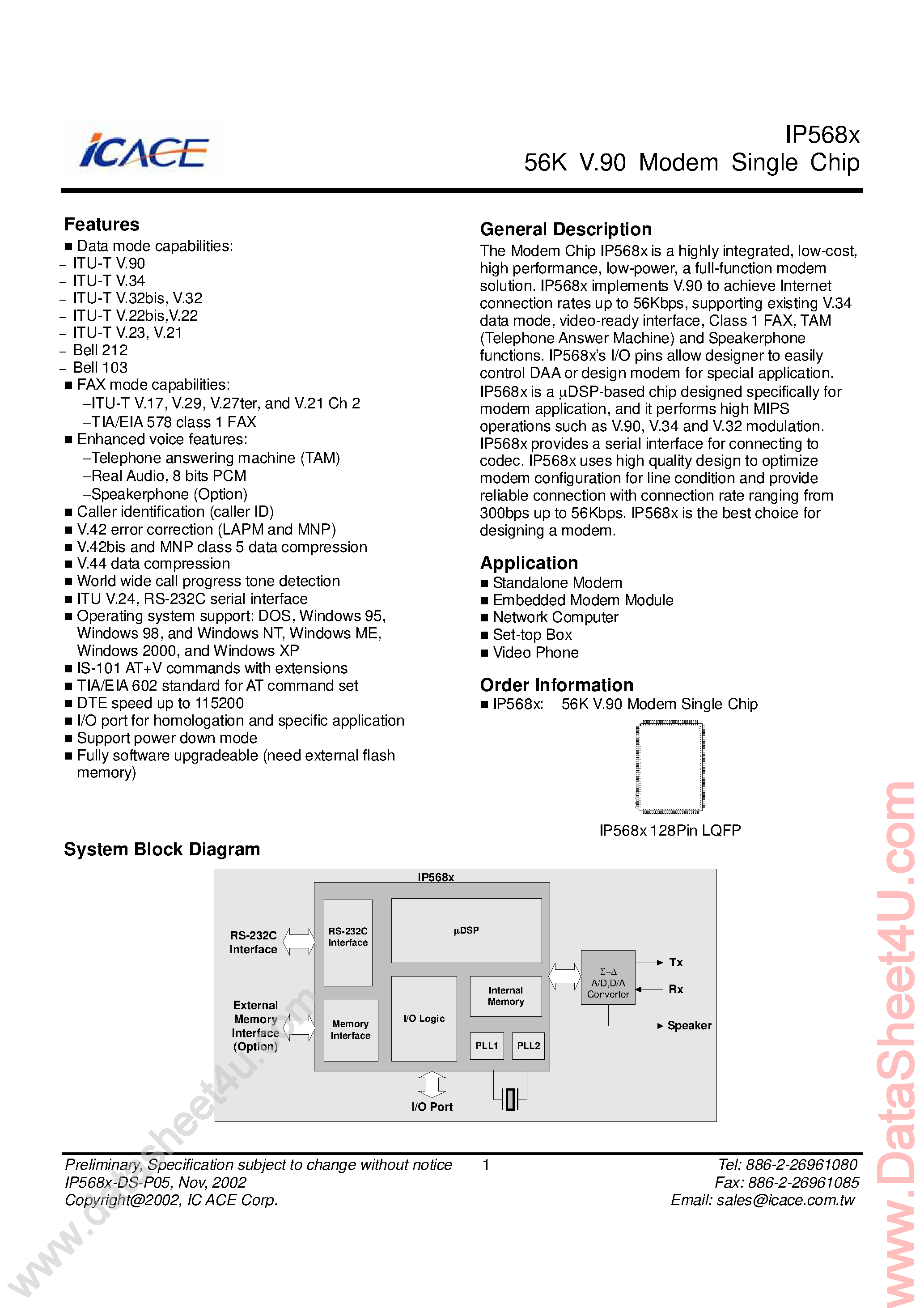 Datasheet IP568x page 1 Datasheet IP568x - 56K V.90 Modem Shngle Chip page 1