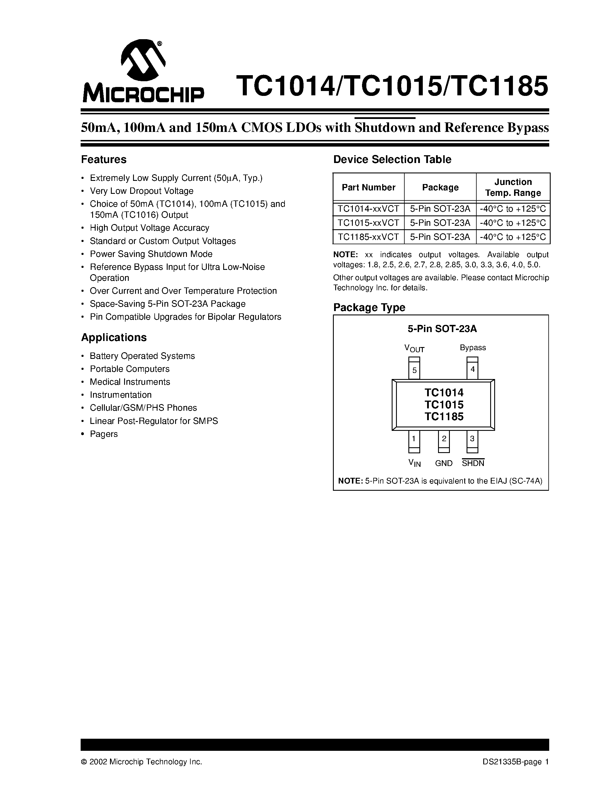 Datasheet TC1014 - (TC1014 / TC1015 / TC1185) CMOS LDOs with Shutdown and Reference Bypass page 1