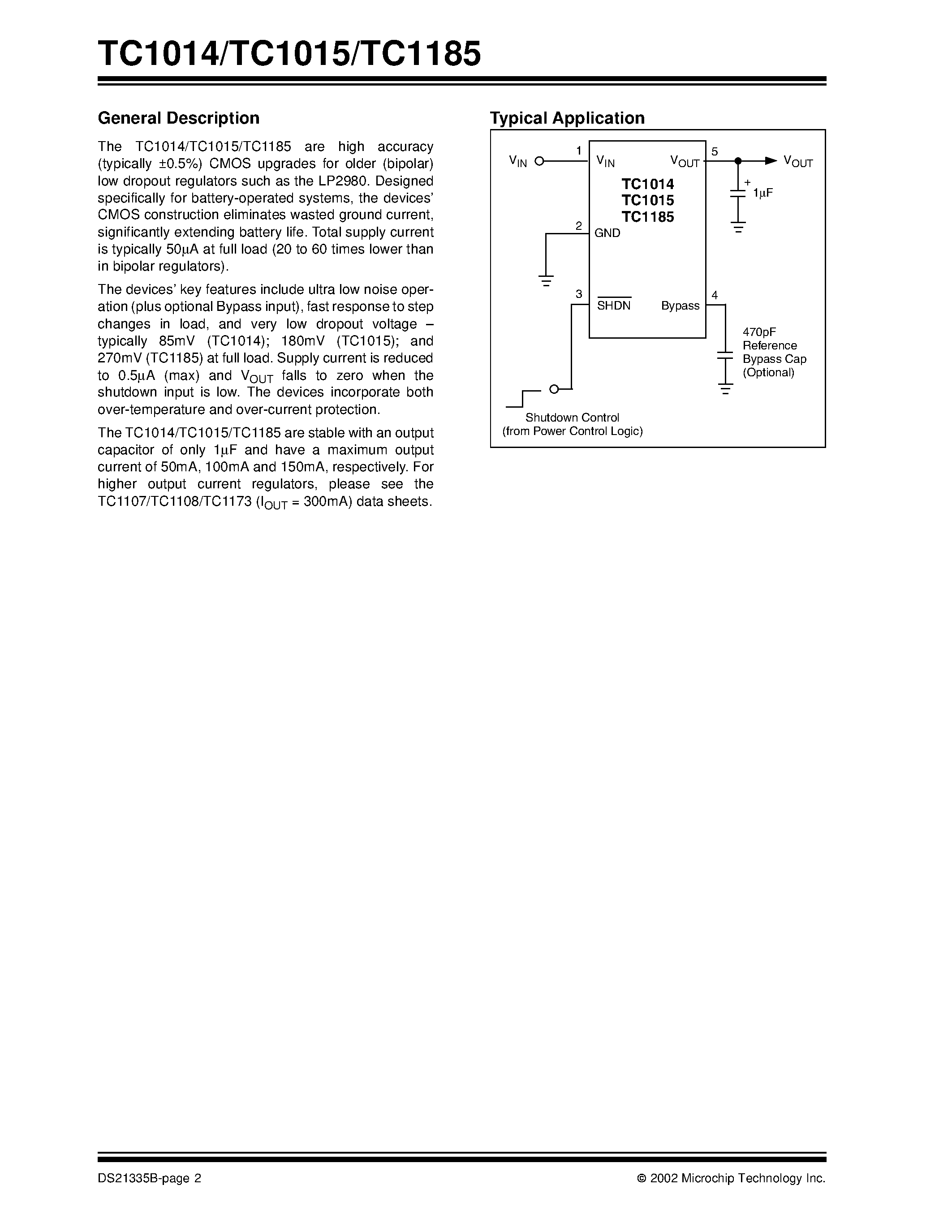 Datasheet TC1014 page 2 Datasheet TC1014 - (TC1014 / TC1015 / TC1185) CMOS LDOs with Shutdown and Reference Bypass page 2