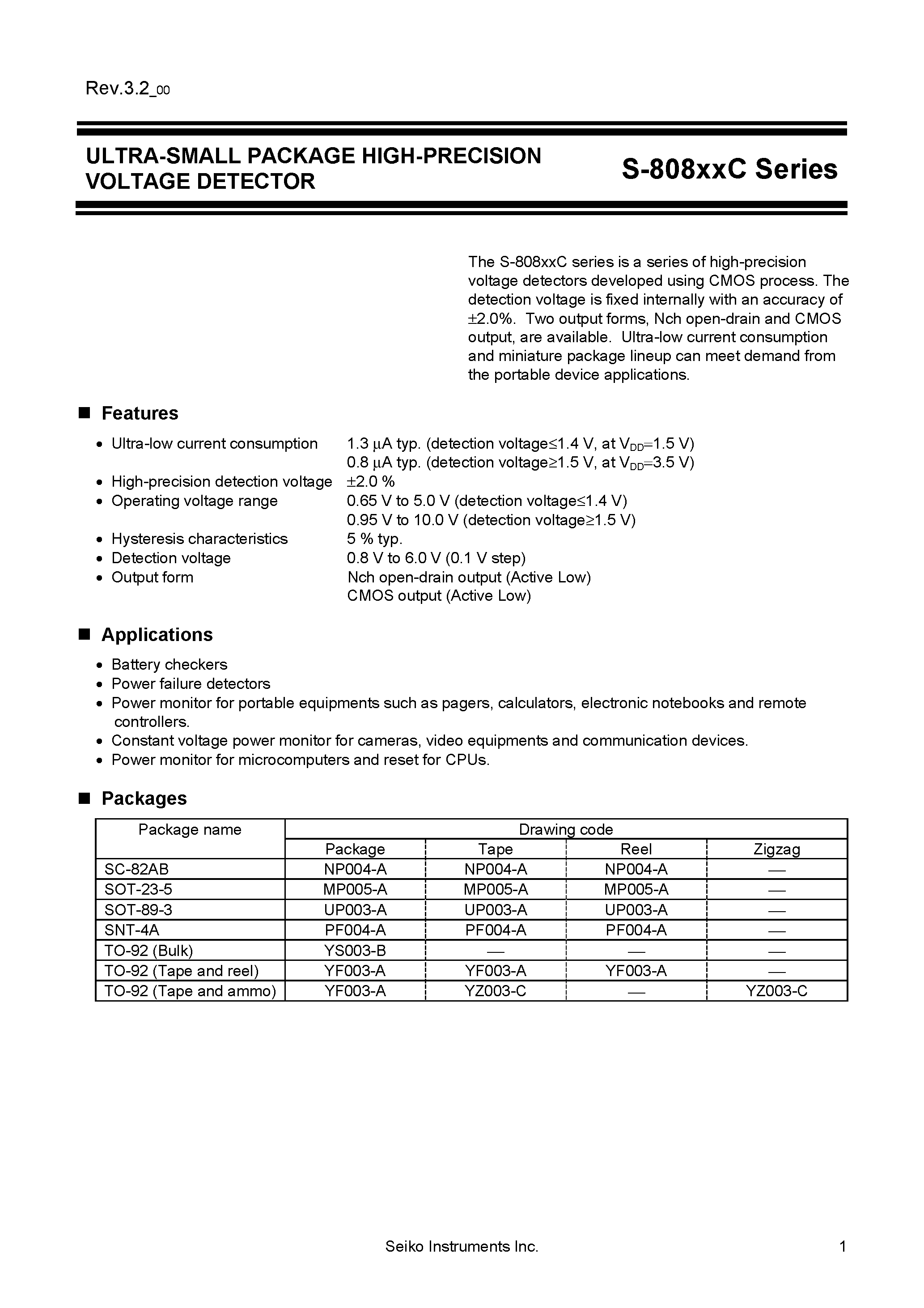 Datasheet S-80830C - (S-808xxC) Ultra-Small Package High Precision Voltage Detector page 1