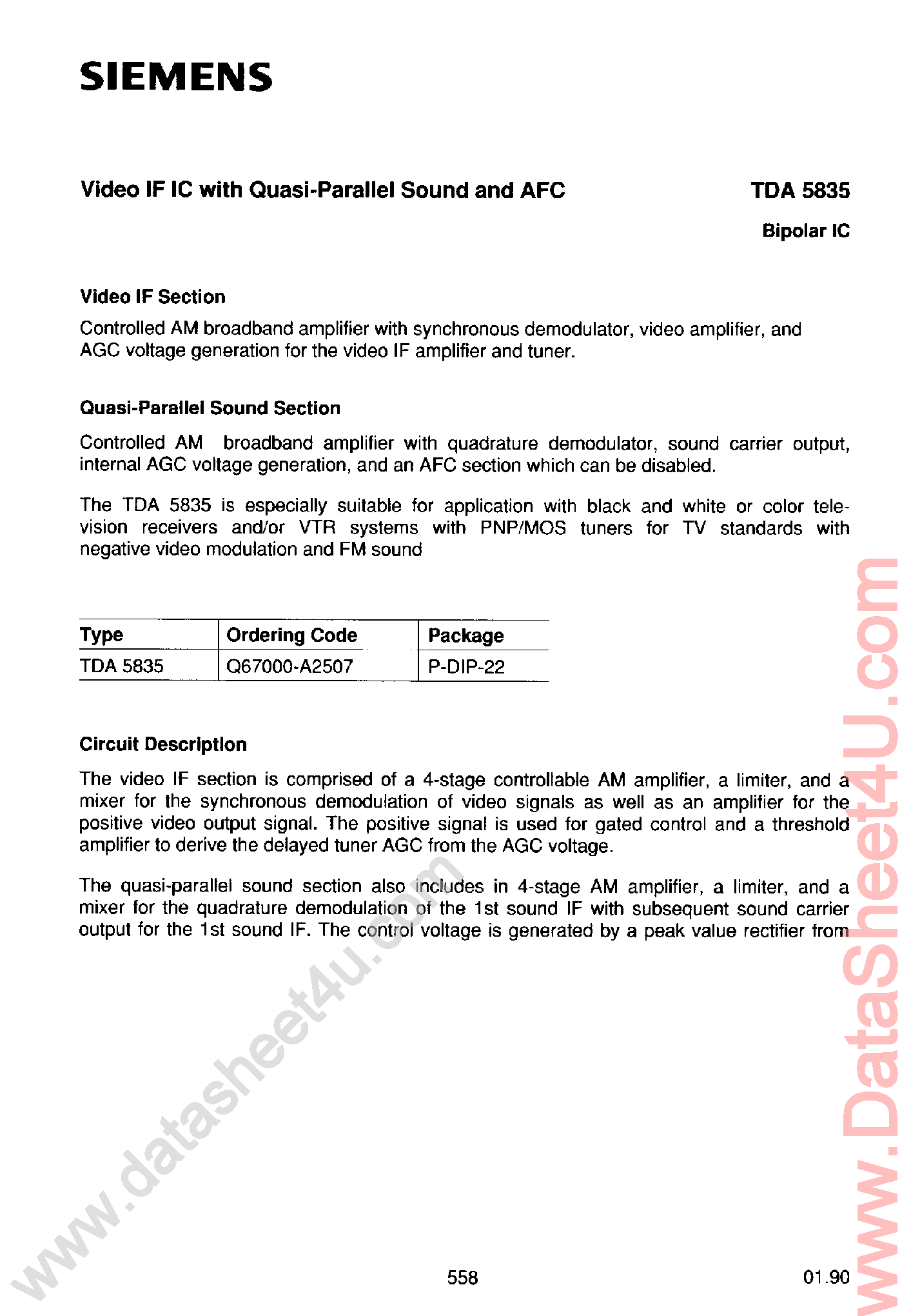Даташит TDA5835 - Cideo IF IC with Quasi Parallel Sound and AFC страница 1