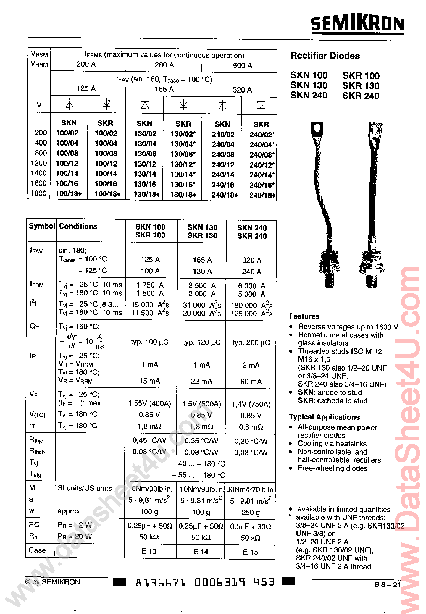 Даташит SKN100 - (SKN100 - SKN240) Rectifier Diodes страница 1