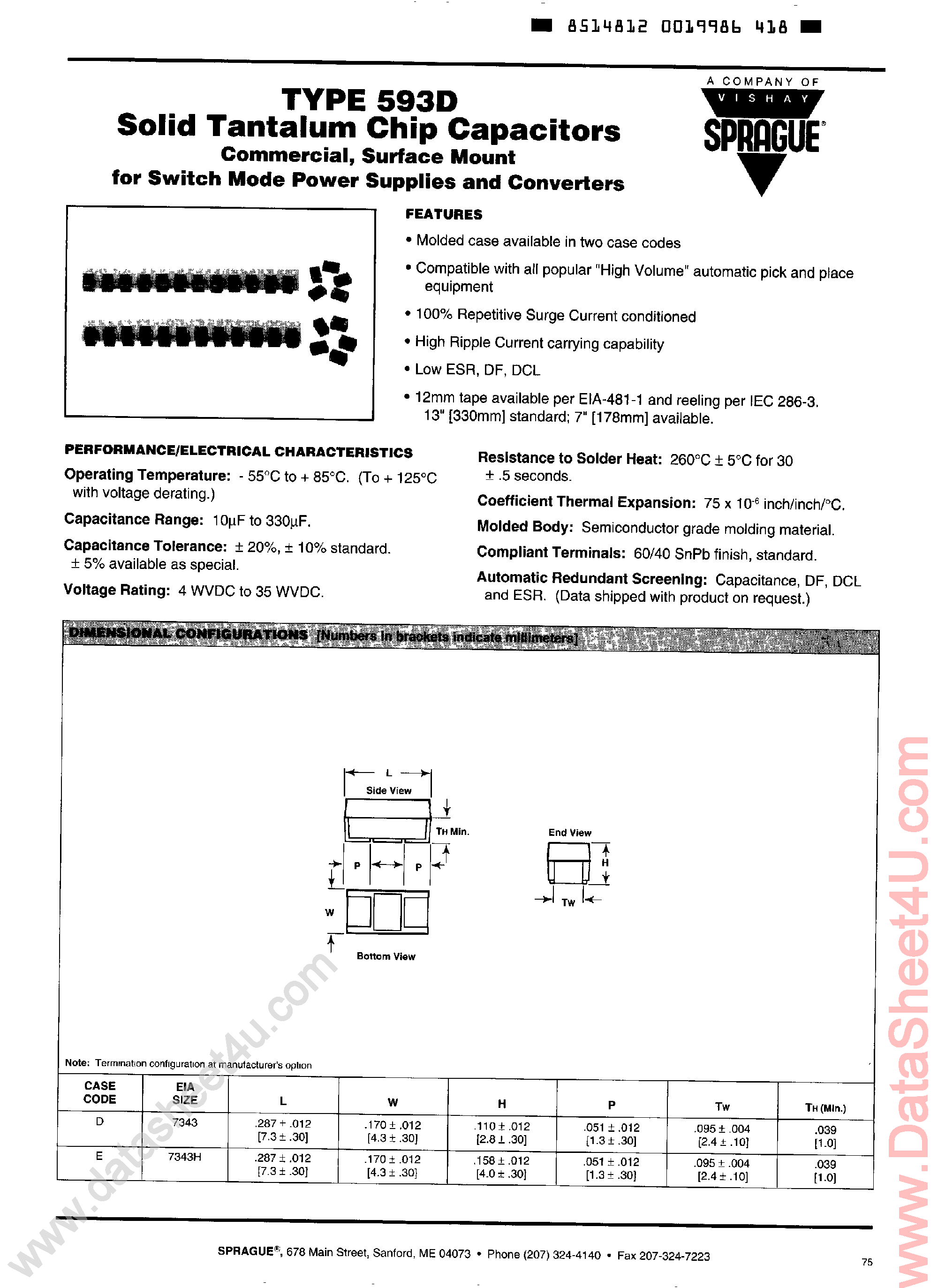 Datasheet 593D336Xxxxx page 1 Datasheet 593D336Xxxxx - (593D Series) Solid Tantalum Chip Capacitors page 1