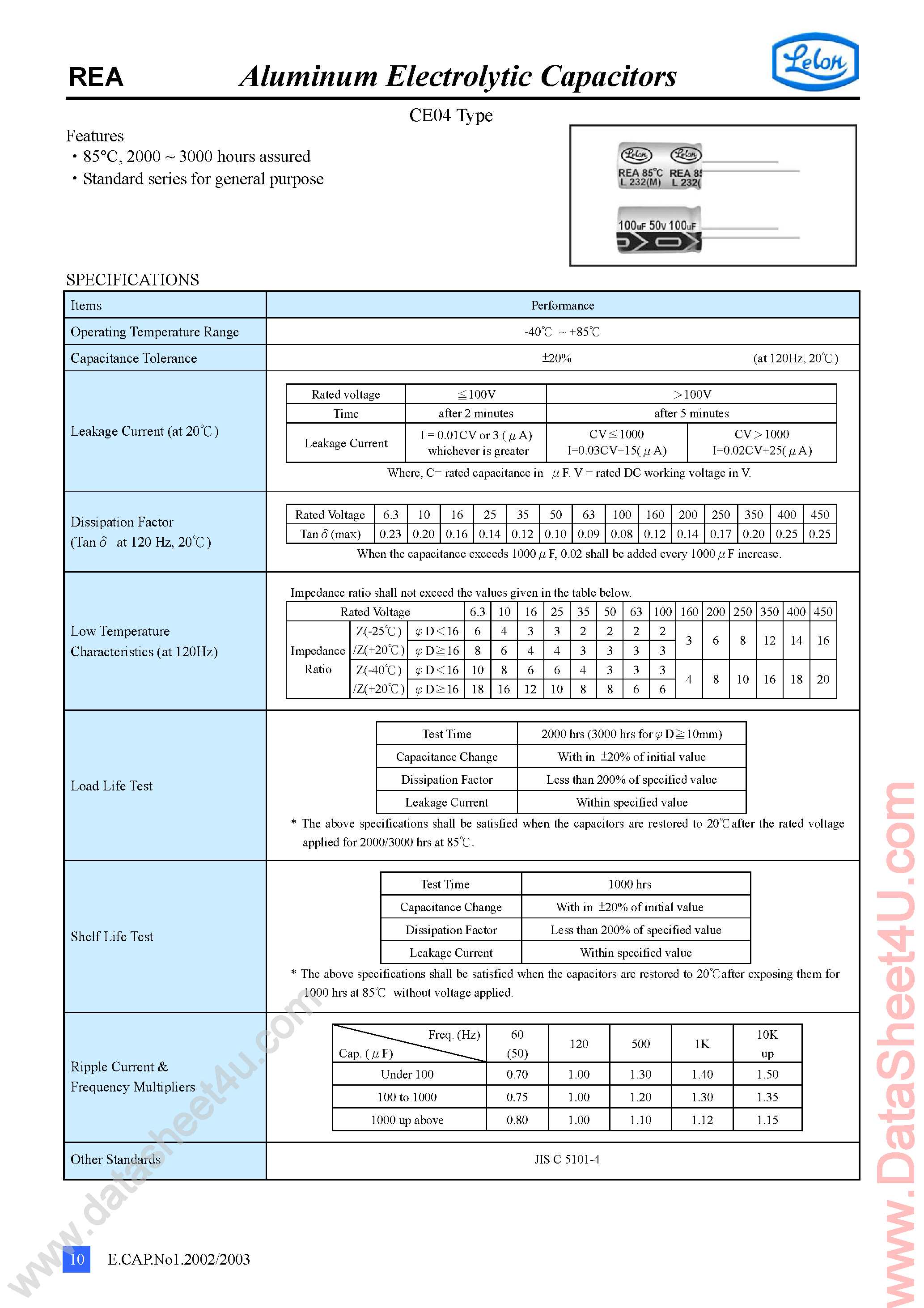 Datasheet REA220Mxxxx page 1 Datasheet REA220Mxxxx - (REA Series) Aluminum Electrolytic Capacitors page 1