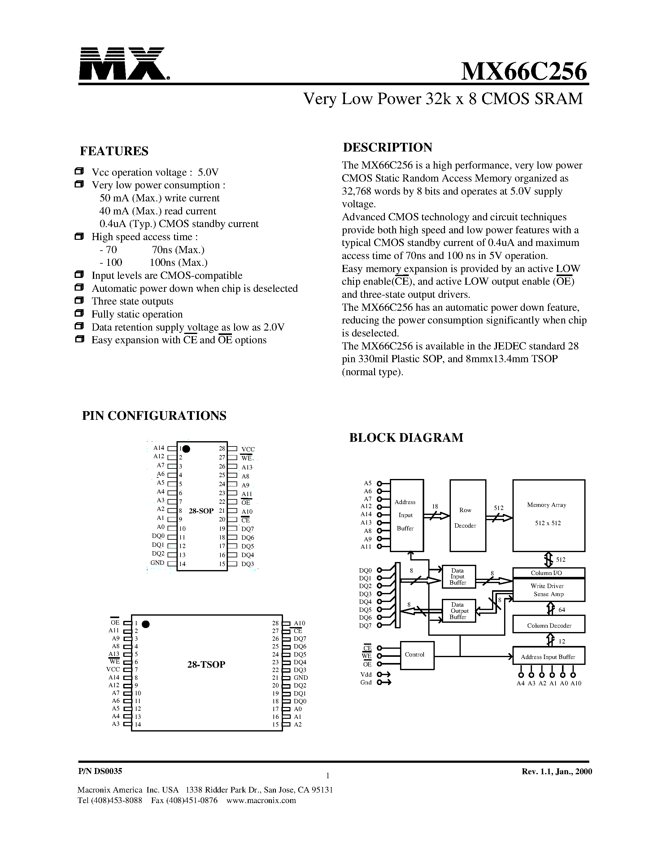 Datasheet MX66C256 - Very Low Power 32k x 8 CMOS SRAM page 1