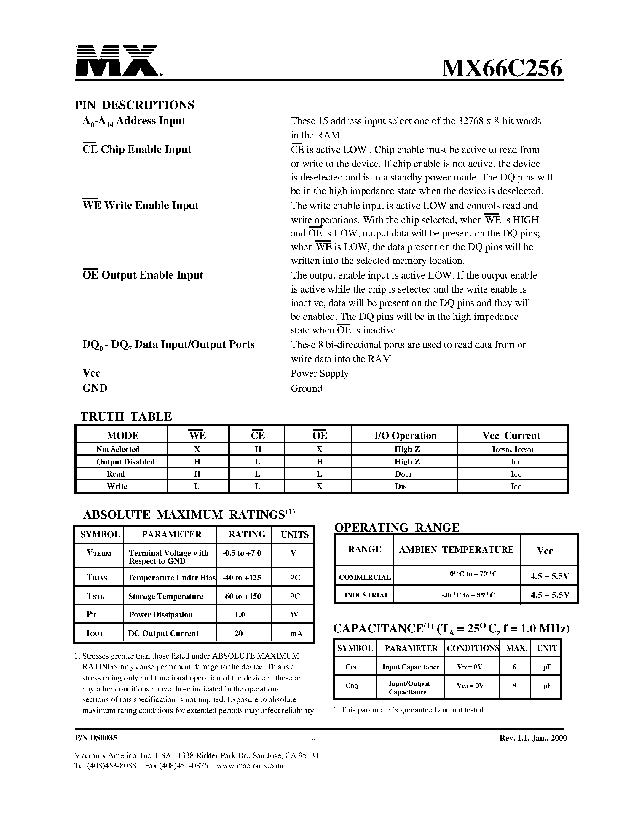 Datasheet MX66C256 - Very Low Power 32k x 8 CMOS SRAM page 2
