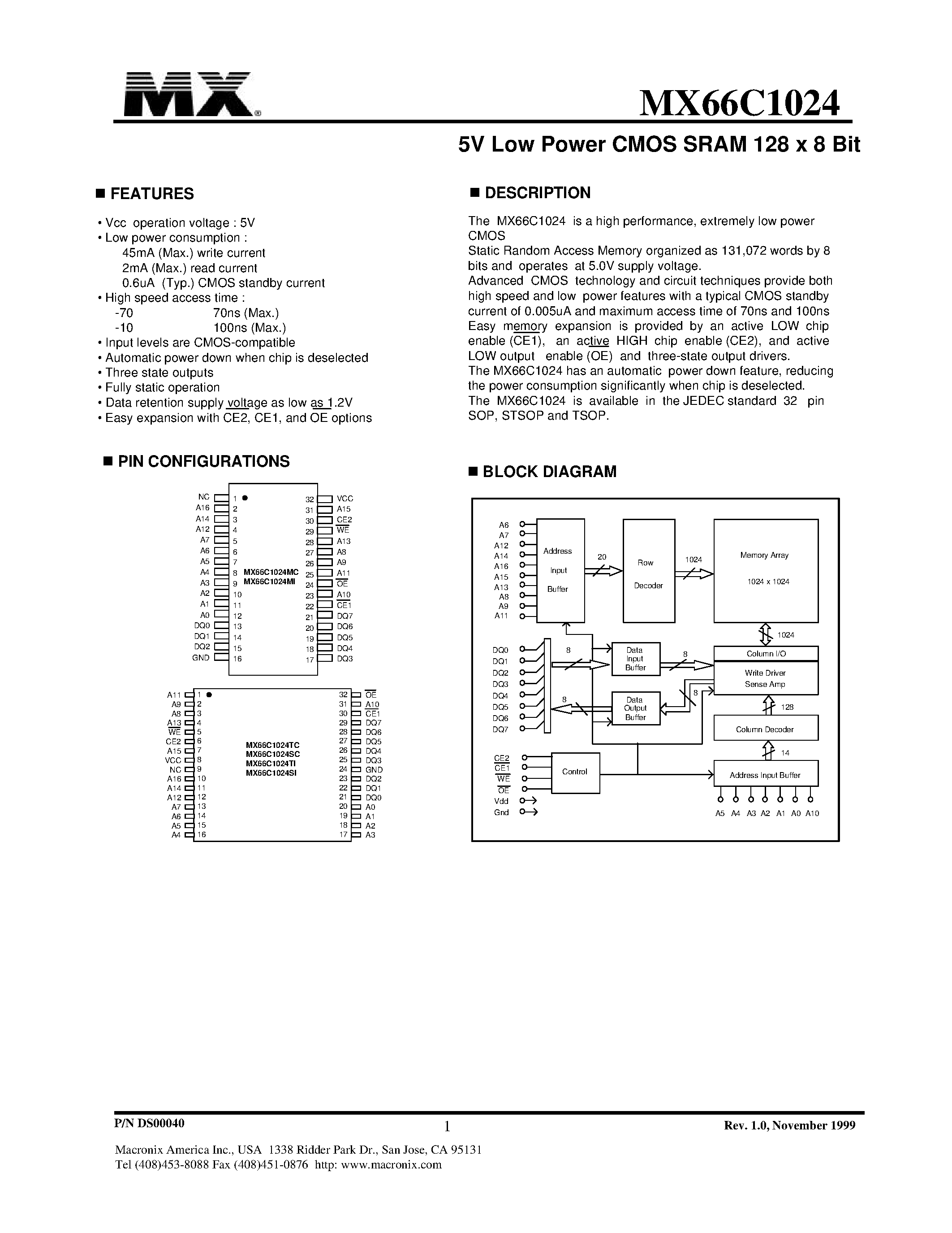 Datasheet MX66C1024 - 5V Low Power CMOS SRAM 128 x 8 Bit page 1