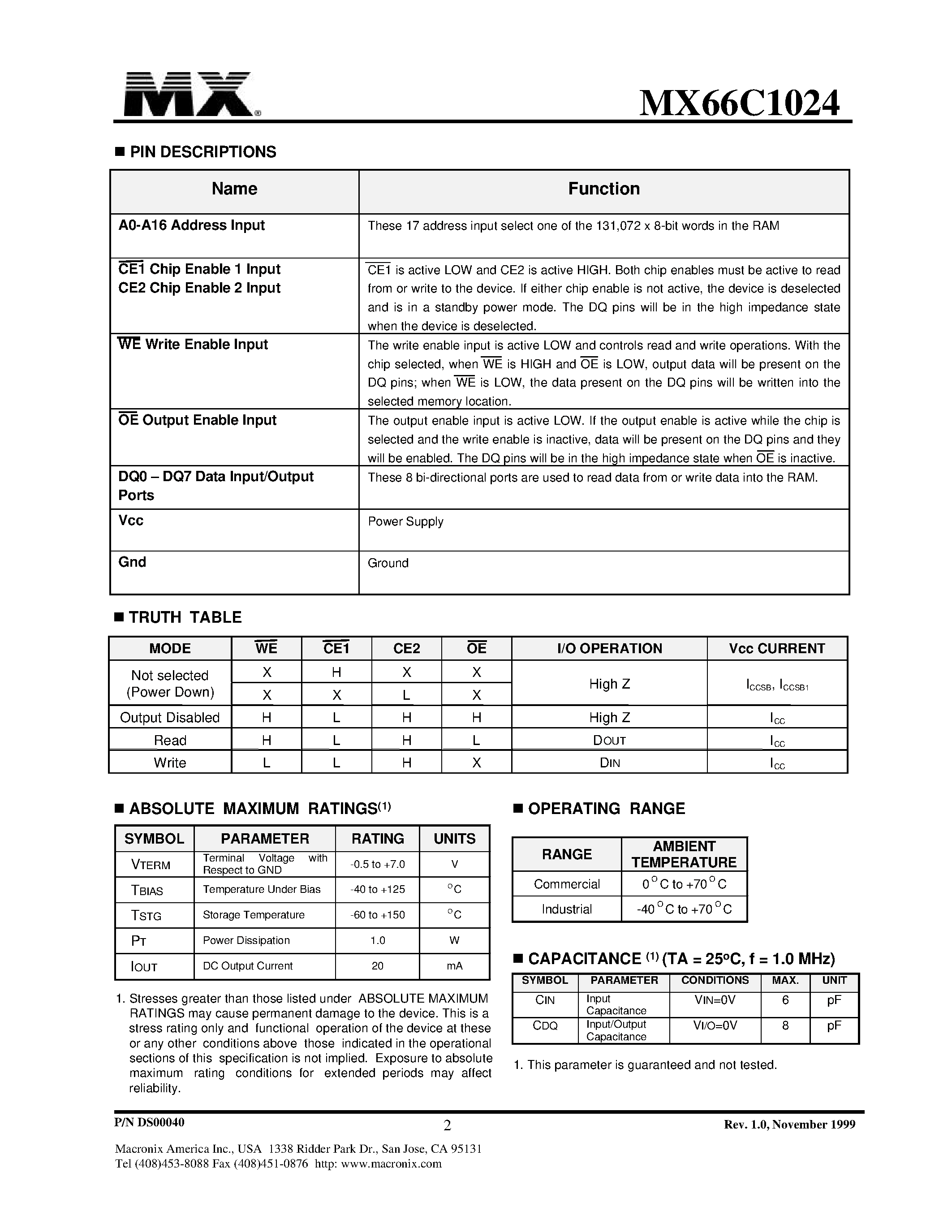 Datasheet MX66C1024 - 5V Low Power CMOS SRAM 128 x 8 Bit page 2