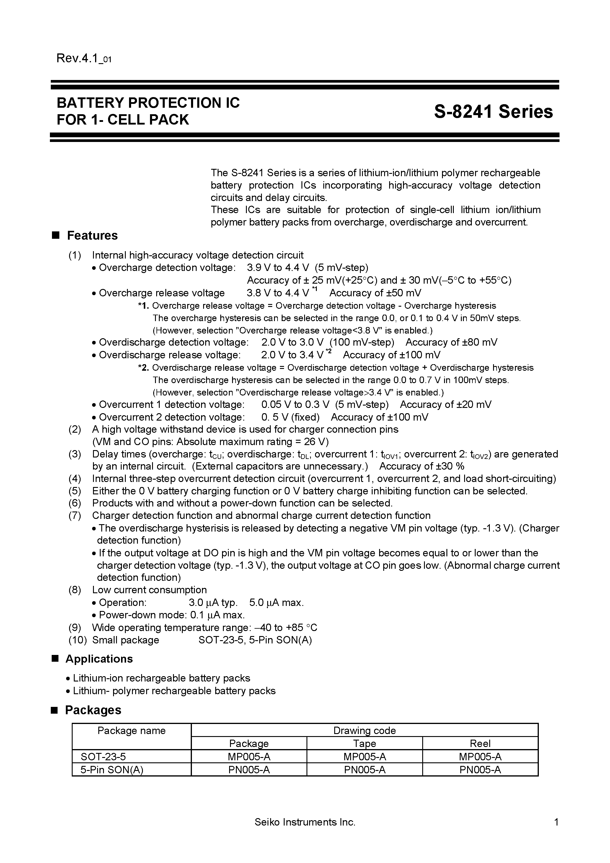 Datasheet S-8241 - Battery Protection IC for 1-Cell Pack page 1