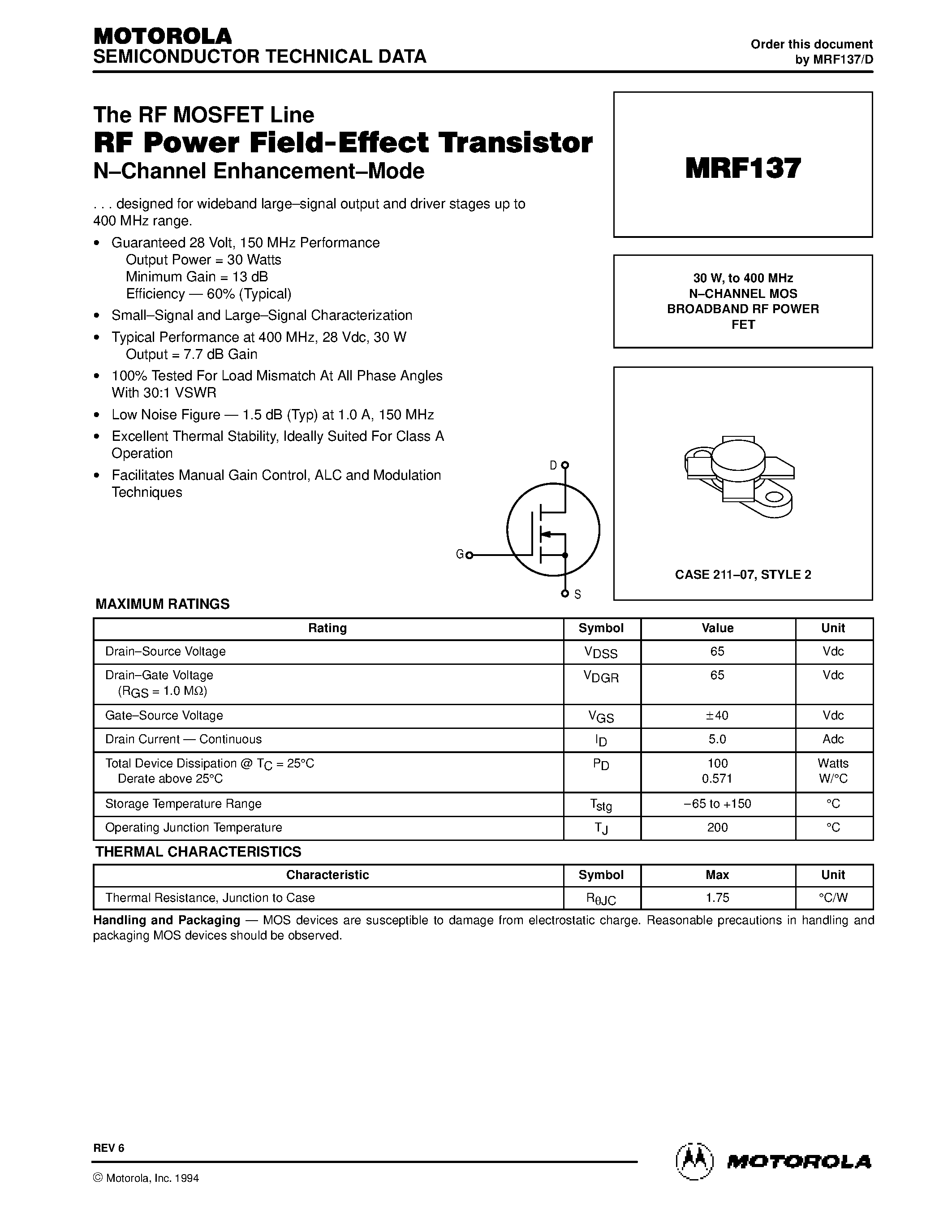 Datasheet MRF137 - N-CHANNEL MOS BROADBAND RF POWER FET page 1