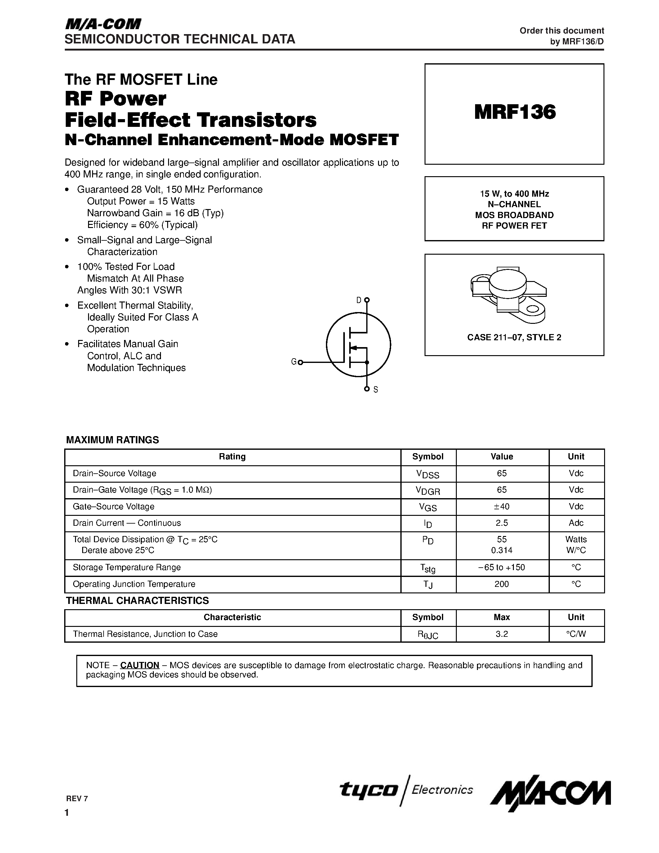 Datasheet MRF136 - N-CHANNEL MOS BROADBAND RF POWER FET page 1