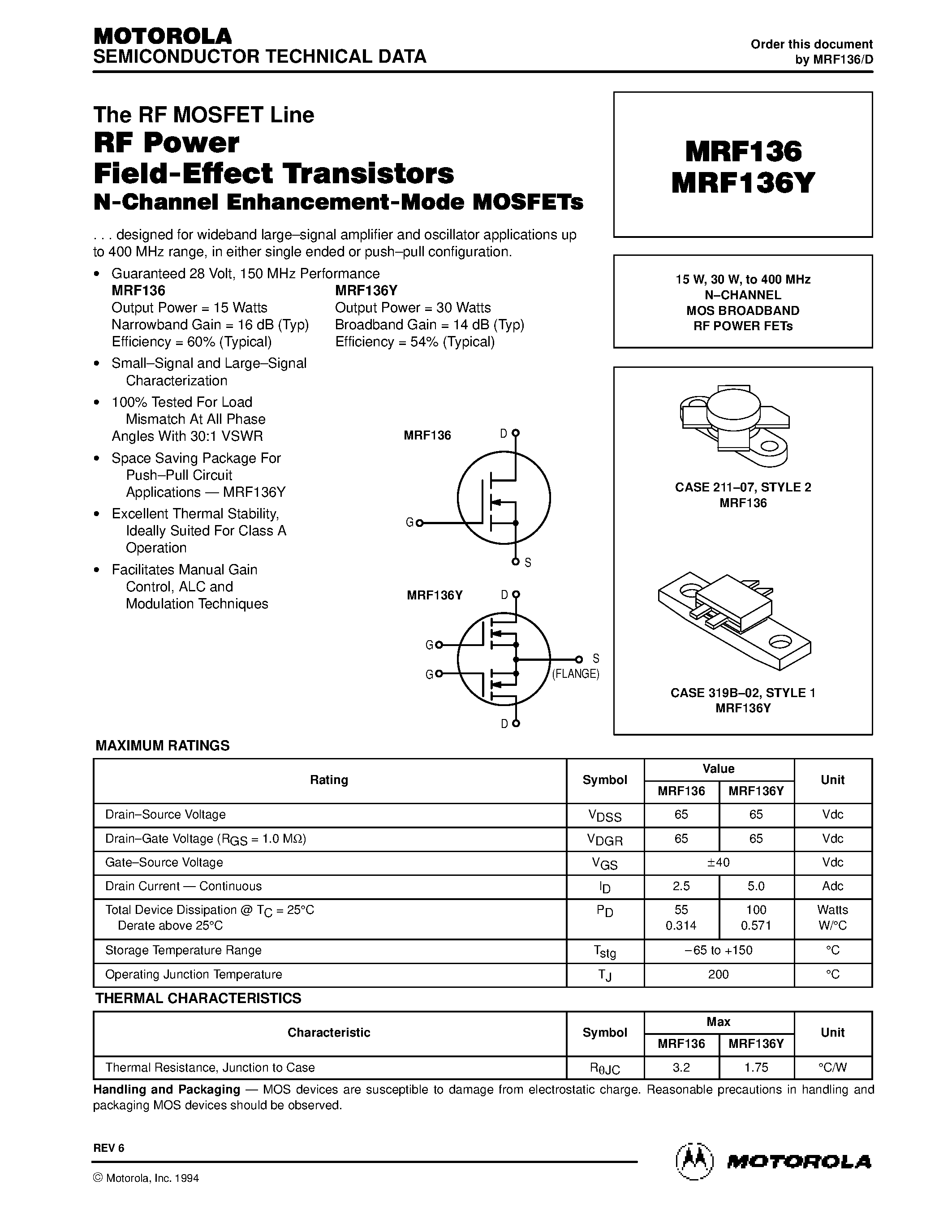 Datasheet MRF136 - N-CHANNEL MOS BROADBAND RF POWER FETs page 1