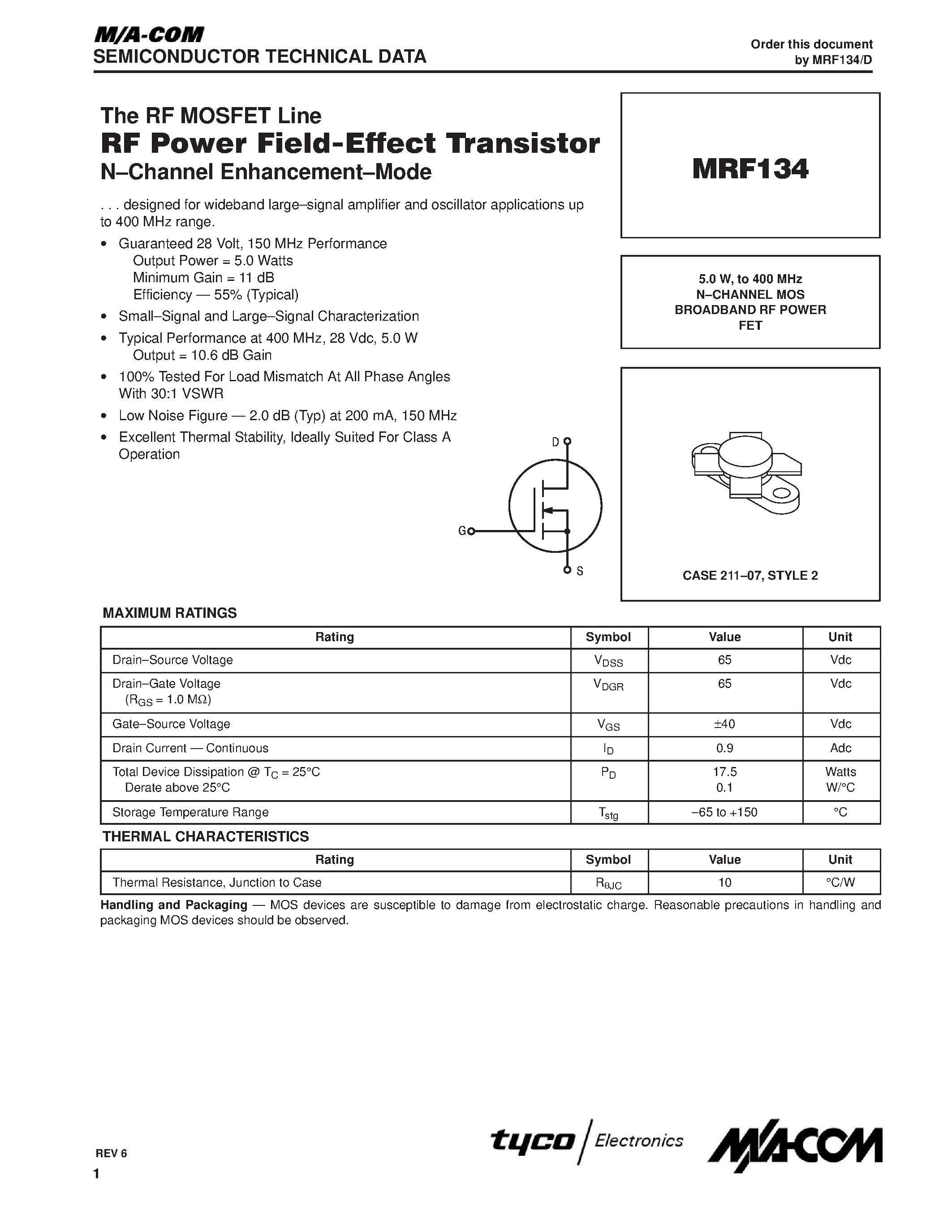 Datasheet MRF134 - N-CHANNEL MOS BROADBAND RF POWER FET page 1