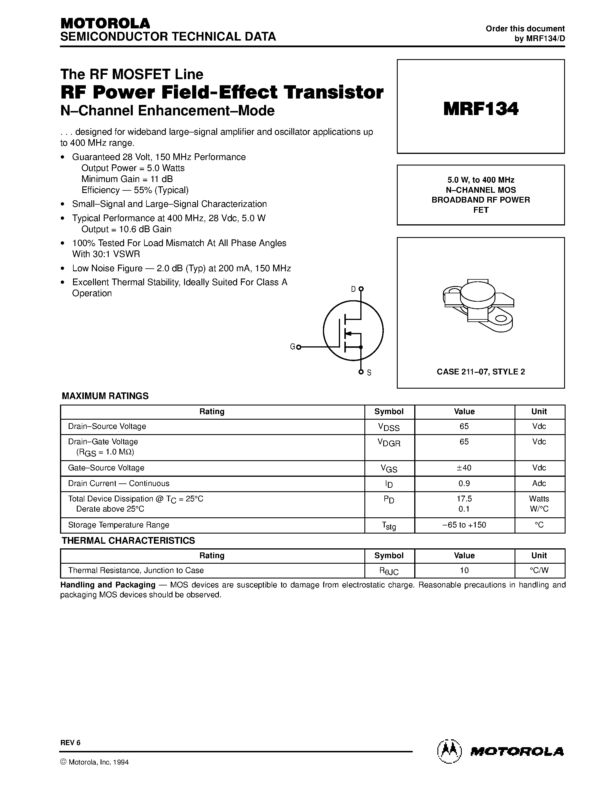 Datasheet MRF134 - N-CHANNEL MOS BROADBAND RF POWER FET page 1