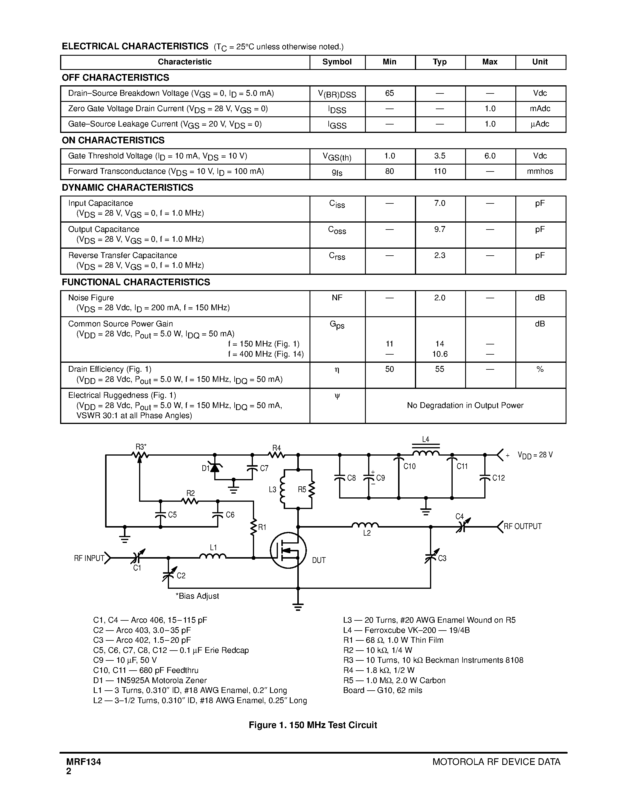 Datasheet MRF134 - N-CHANNEL MOS BROADBAND RF POWER FET page 2