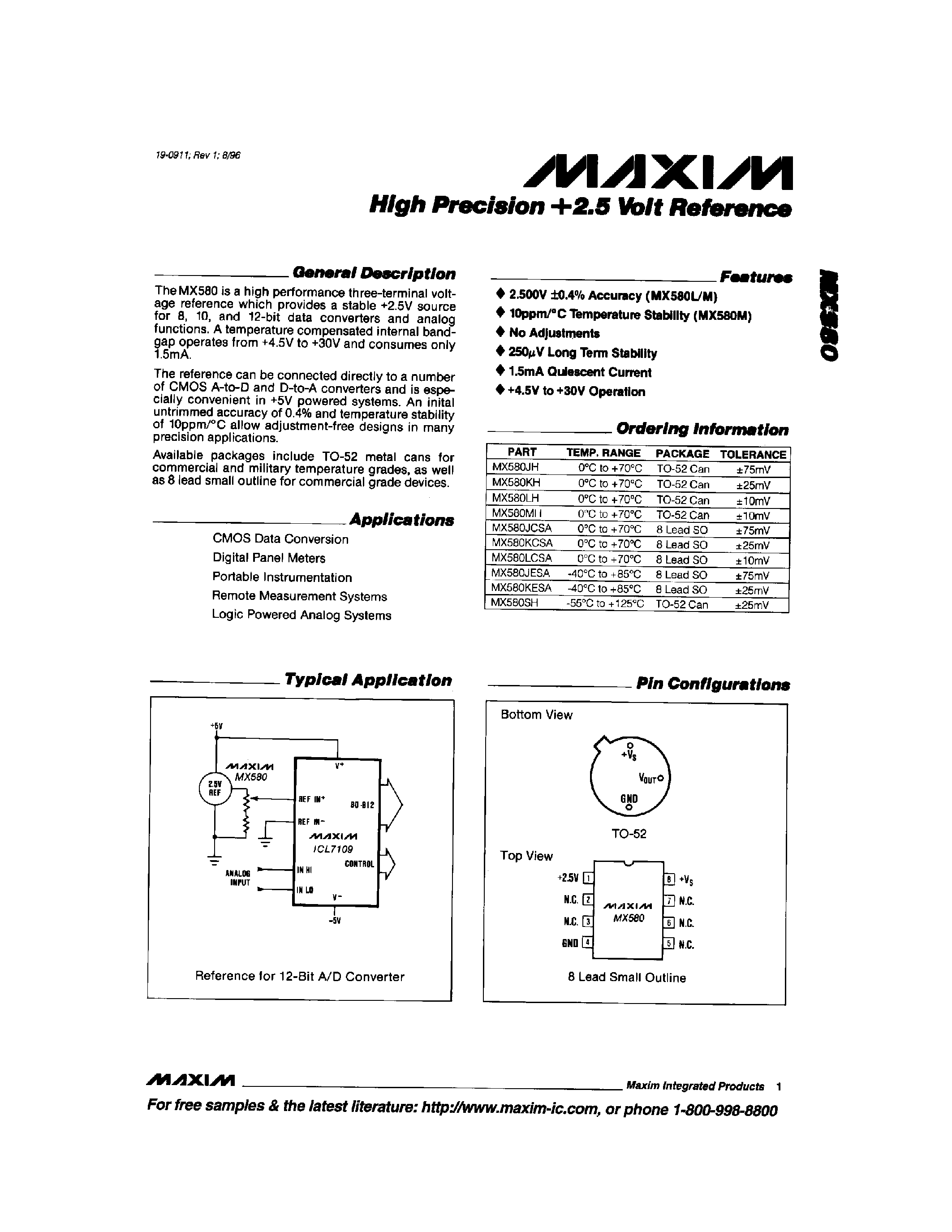 Datasheet MX580 - High Precision + 2.5 Volt Reference page 1