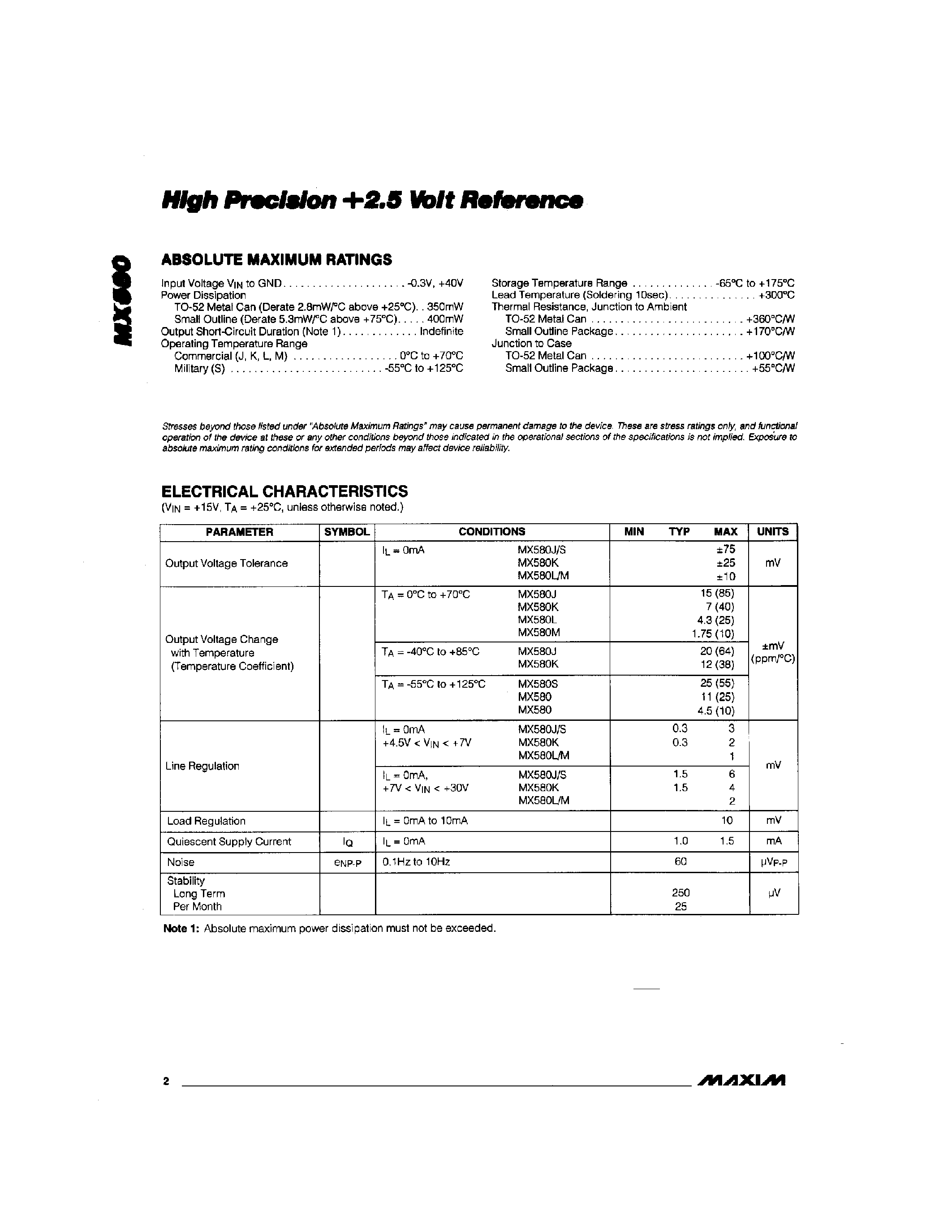 Datasheet MX580 - High Precision + 2.5 Volt Reference page 2