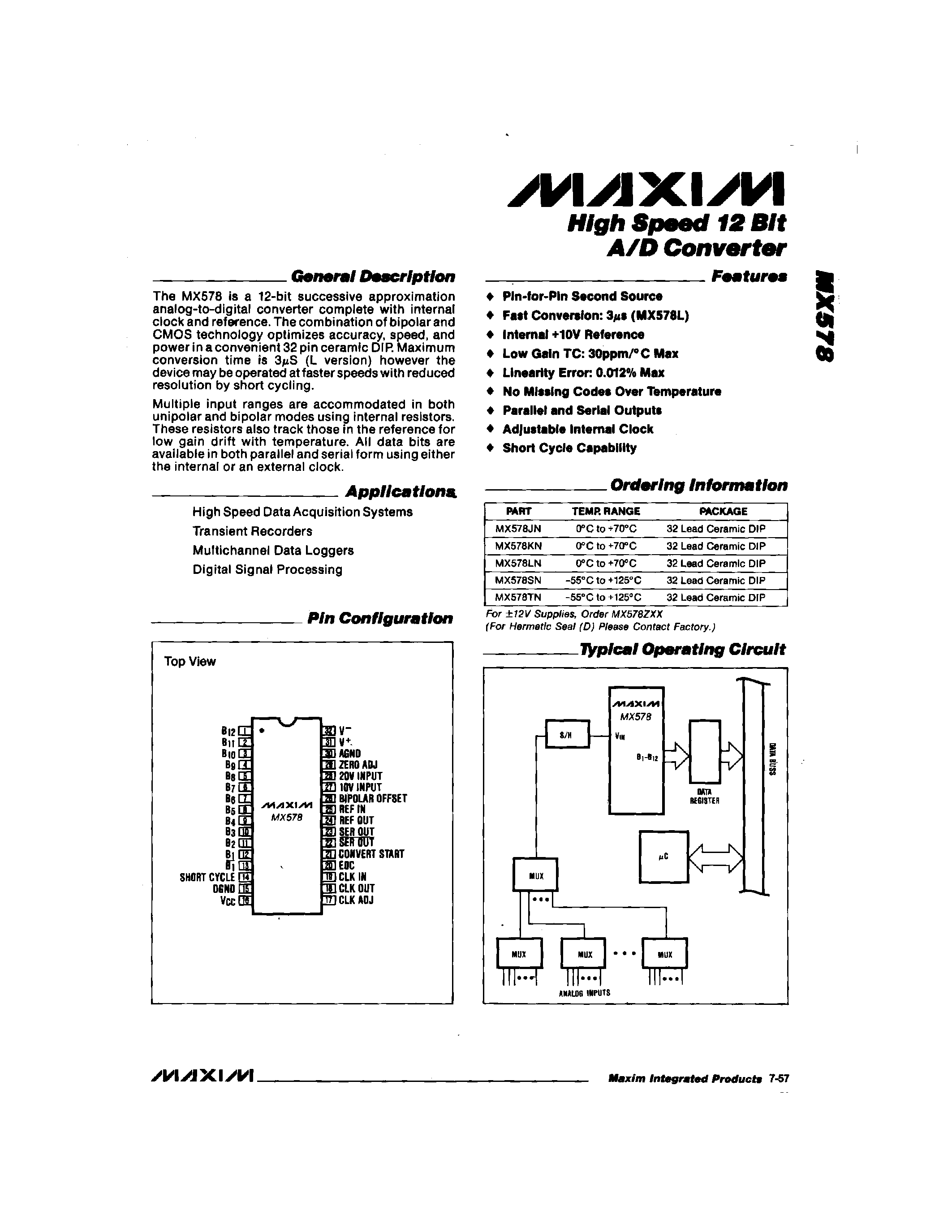 Даташит MX578 - High Speed 12 Bit A/D Converter страница 1
