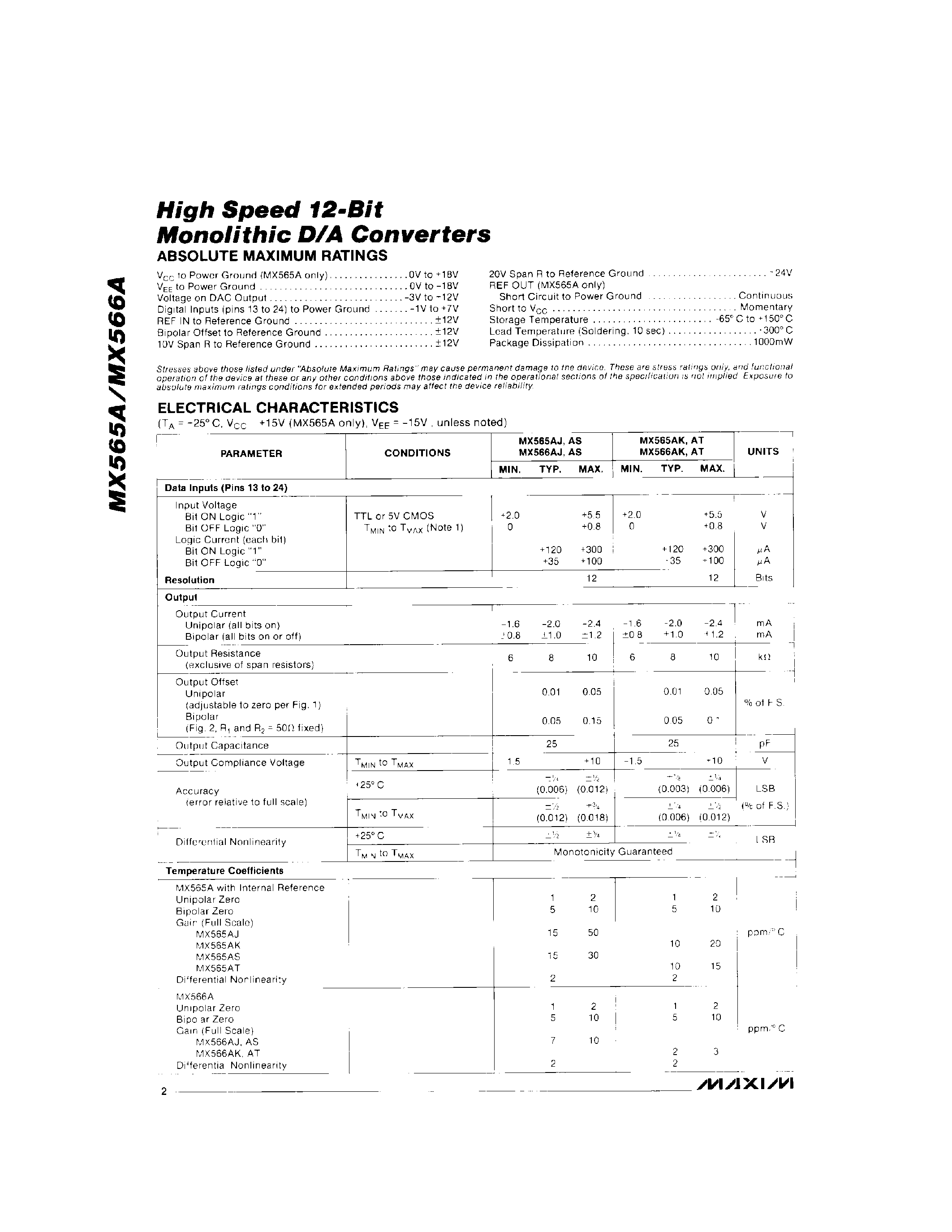 Даташит MX565A - (MX565A / MX566A) High Speed 12-Bit Monolithic D/A Converters страница 2