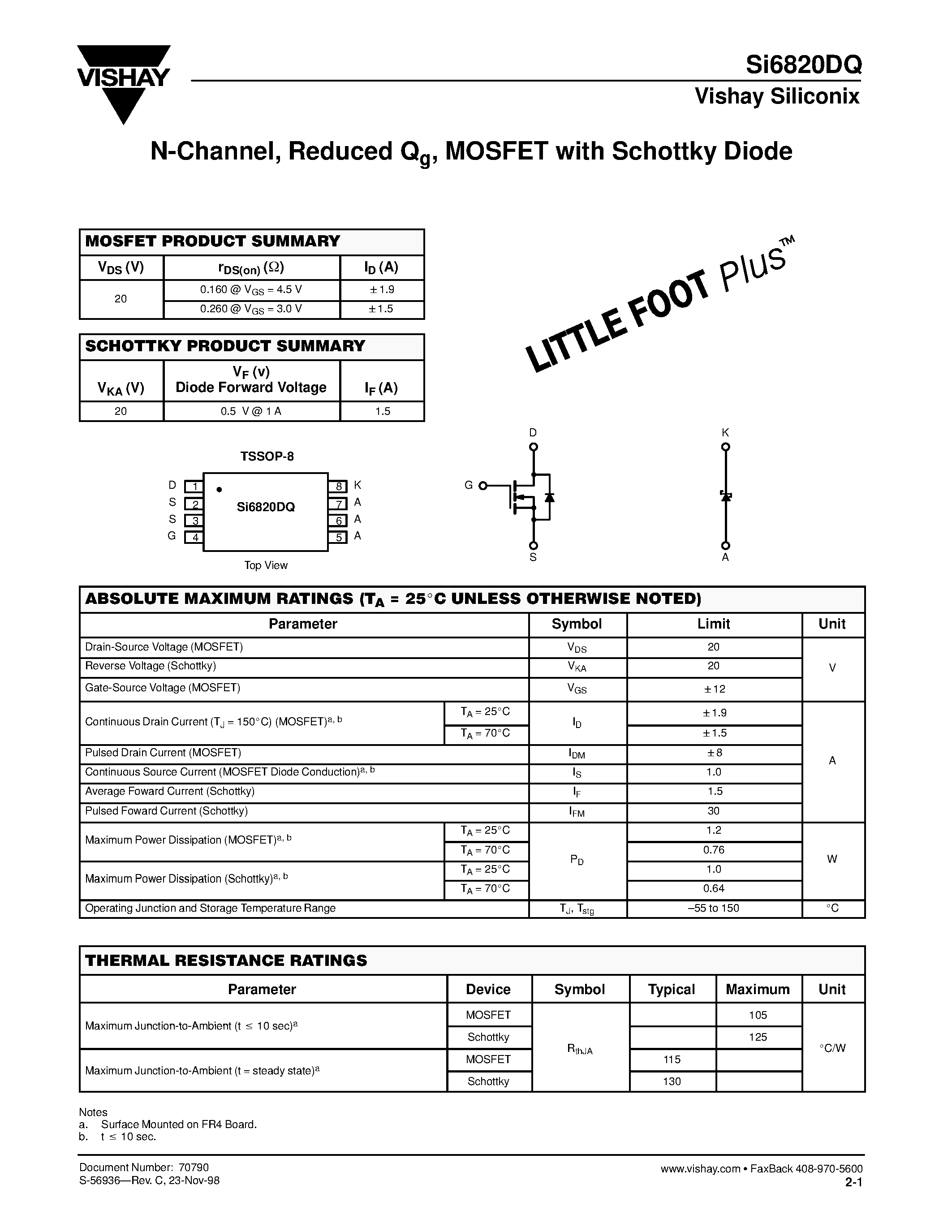 Datasheet SI6820DQ page 1 Datasheet SI6820DQ - N-Channel Reduced Qg / MOSFET with Schottky Diode page 1