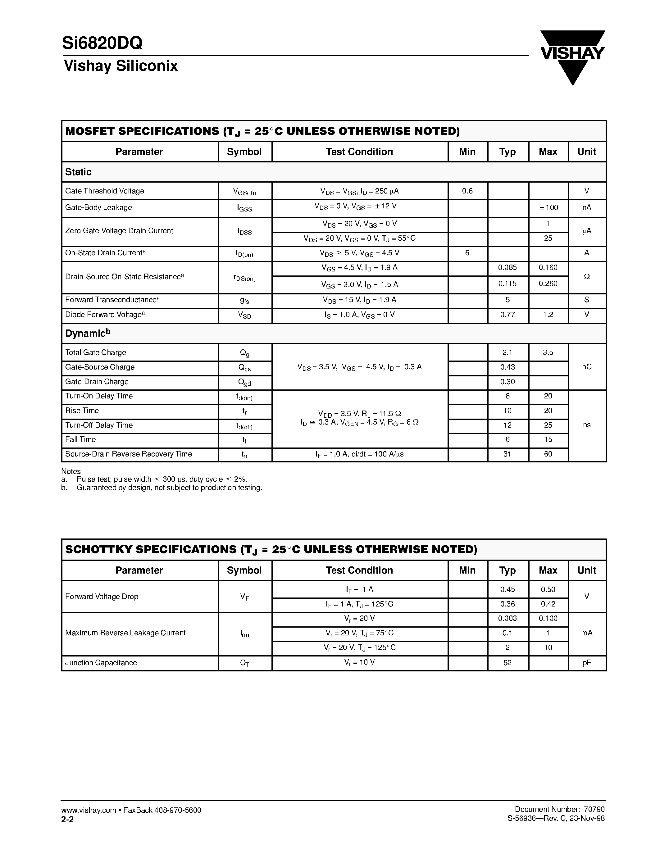 Datasheet SI6820DQ page 2 Datasheet SI6820DQ - N-Channel Reduced Qg / MOSFET with Schottky Diode page 2