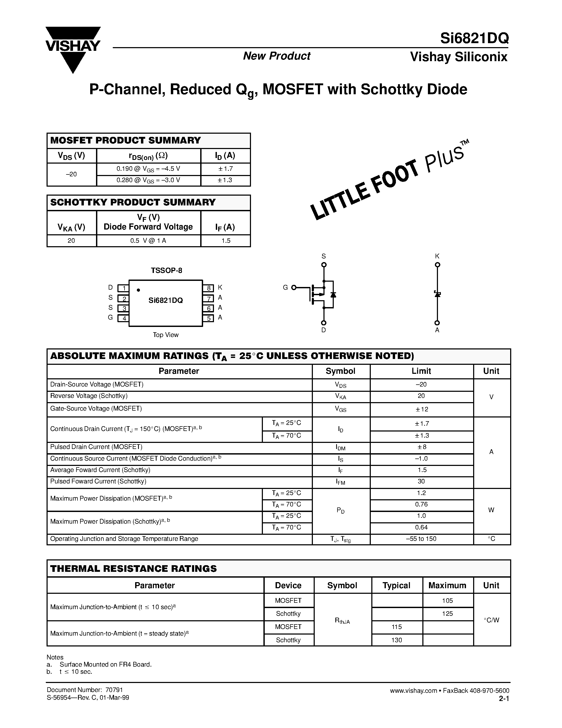 Даташит на микросхему SI6821DQ страница 1 Даташит SI6821DQ - P-Channel Reduced Qg / MOSFET with Schottky Diode страница 1