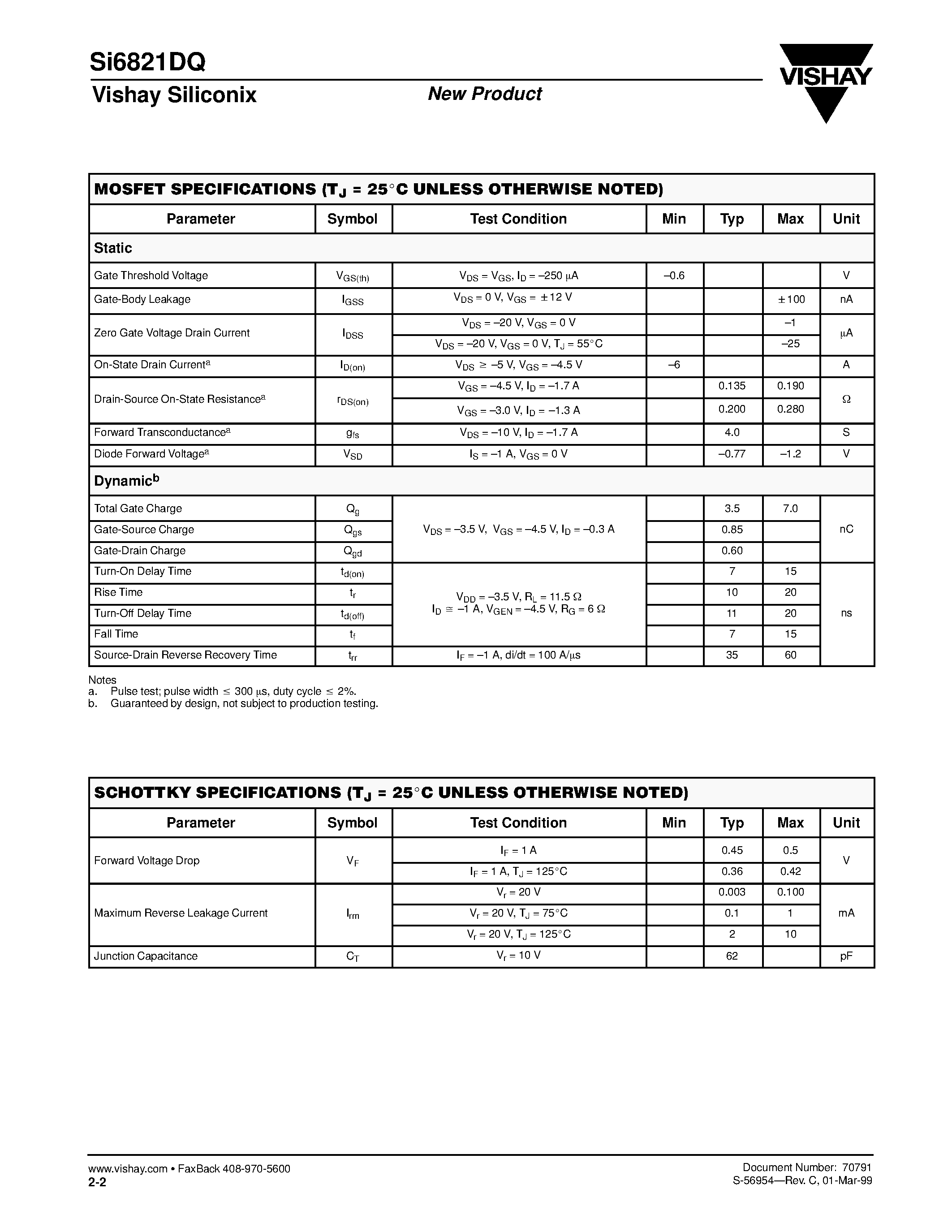 Даташит на микросхему SI6821DQ страница 2 Даташит SI6821DQ - P-Channel Reduced Qg / MOSFET with Schottky Diode страница 2