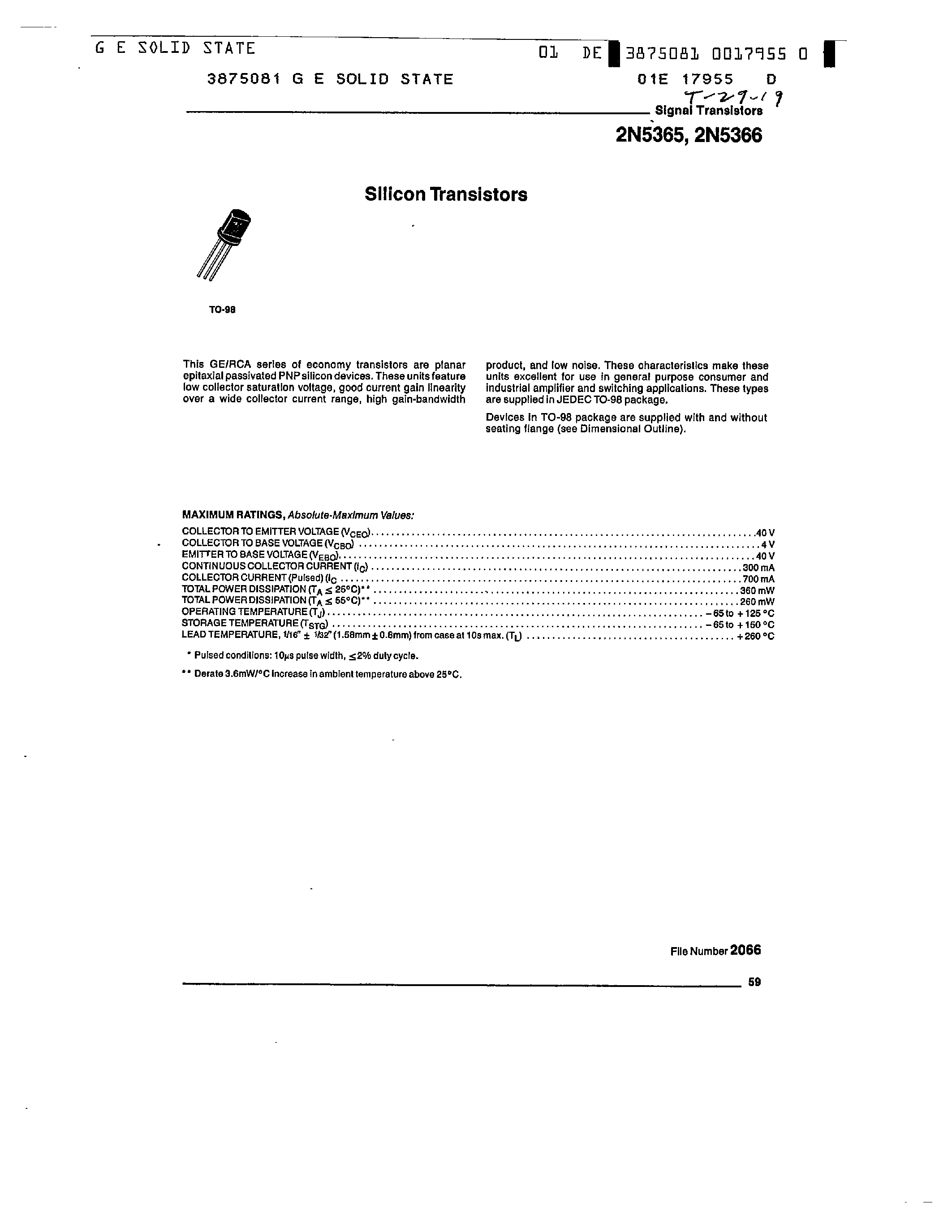 Даташит на микросхему 2N5365 страница 1 Даташит 2N5365 - (2N5365 / 2N5366) SILICON TRANSISTORS страница 1
