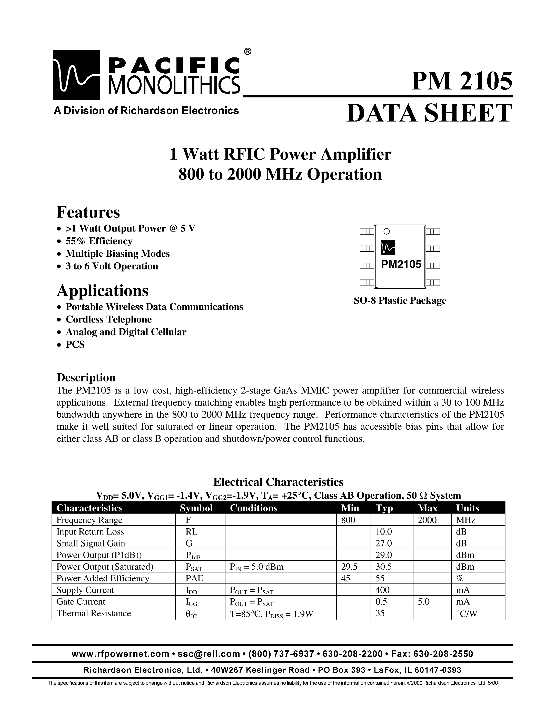 Datasheet PM2105 page 1 Datasheet PM2105 - 1 WATT RFIC POWER AMPLIFIER 800 TO 2000 MHZ OPERATION page 1