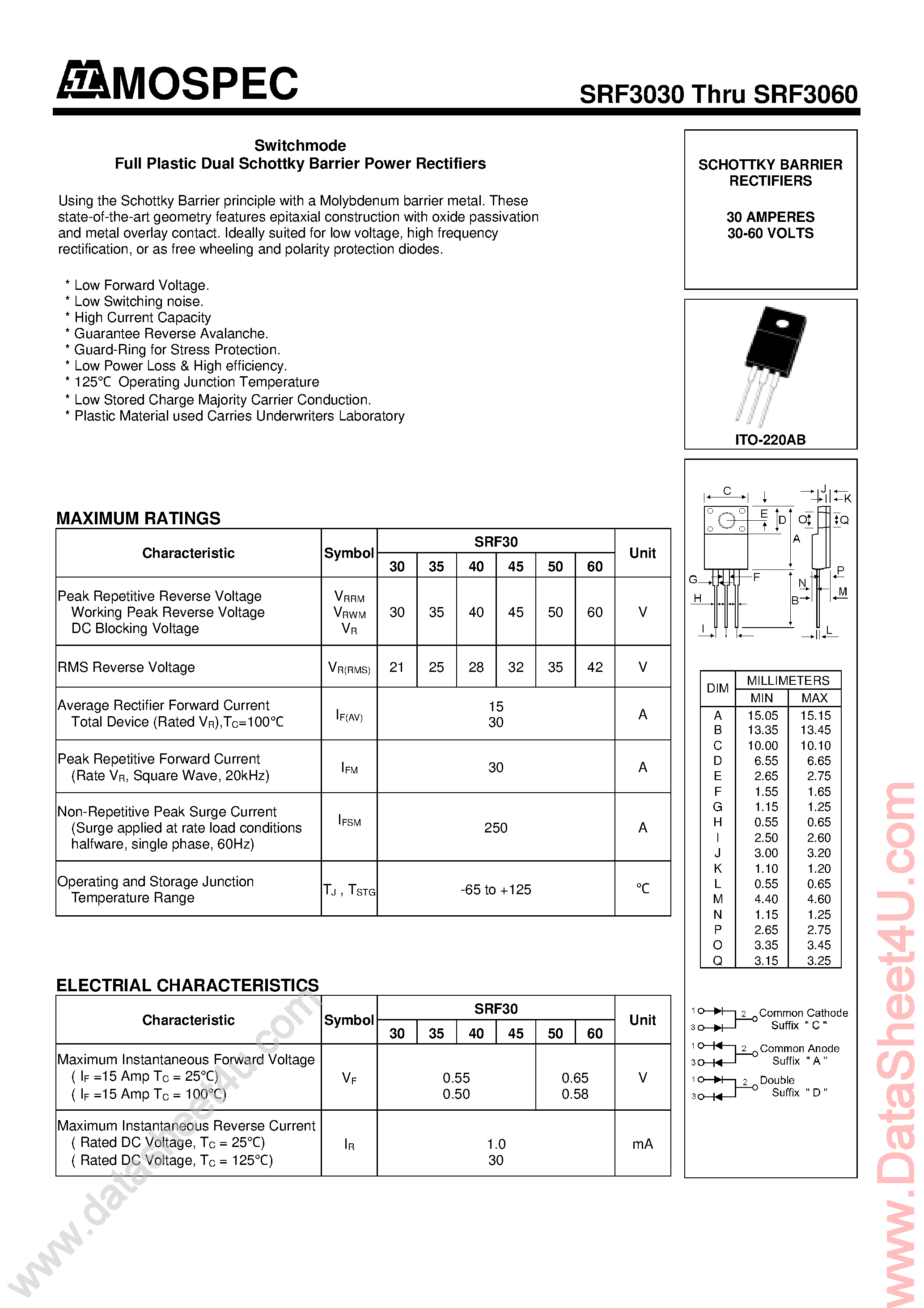 Datasheet SRF3030 - (SRF3030 - SRF3060) Switchmode Full Plastic Dual Schgottky Barrier Power Rectifiers page 1