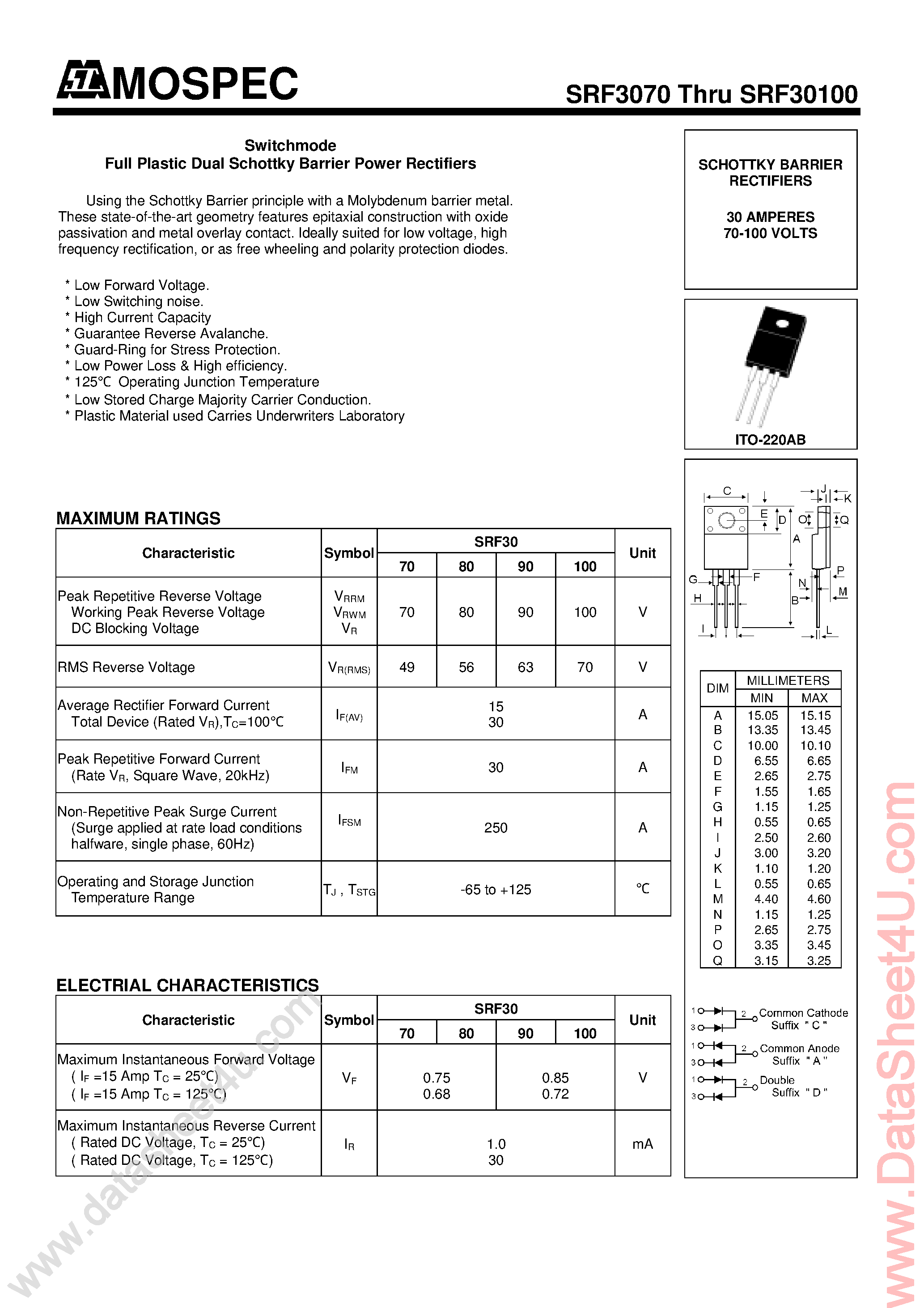 Datasheet SRF30100 - (SRF3070 - SRF30100) Switchmode Full Plastic Dual Schgottky Barrier Power Rectifiers page 1