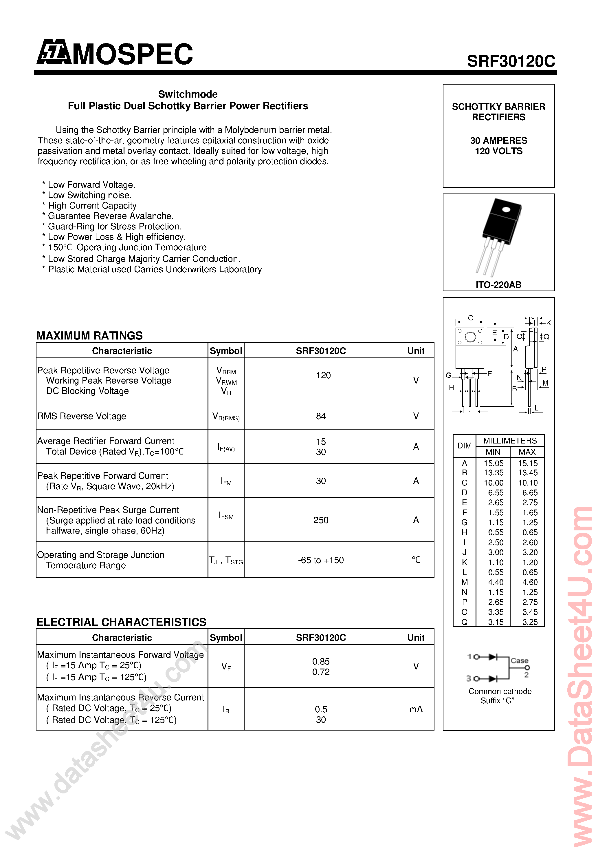 Datasheet SRF30120C - Switchmode Full Plastic Dual Schgottky Barrier Power Rectifiers page 1