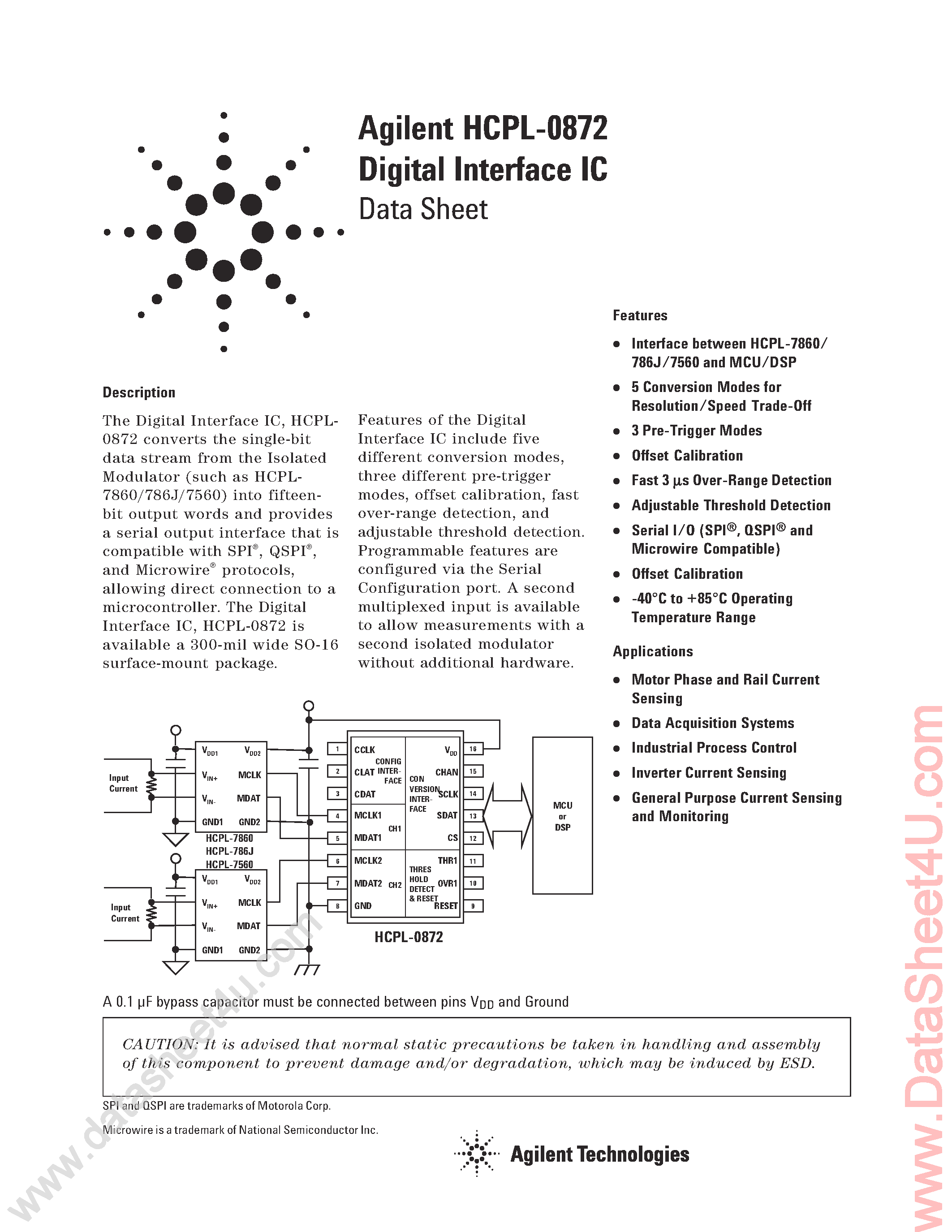 Даташит на микросхему HCPL-0872 страница 1 Даташит HCPL-0872 - Digital Interface IC страница 1