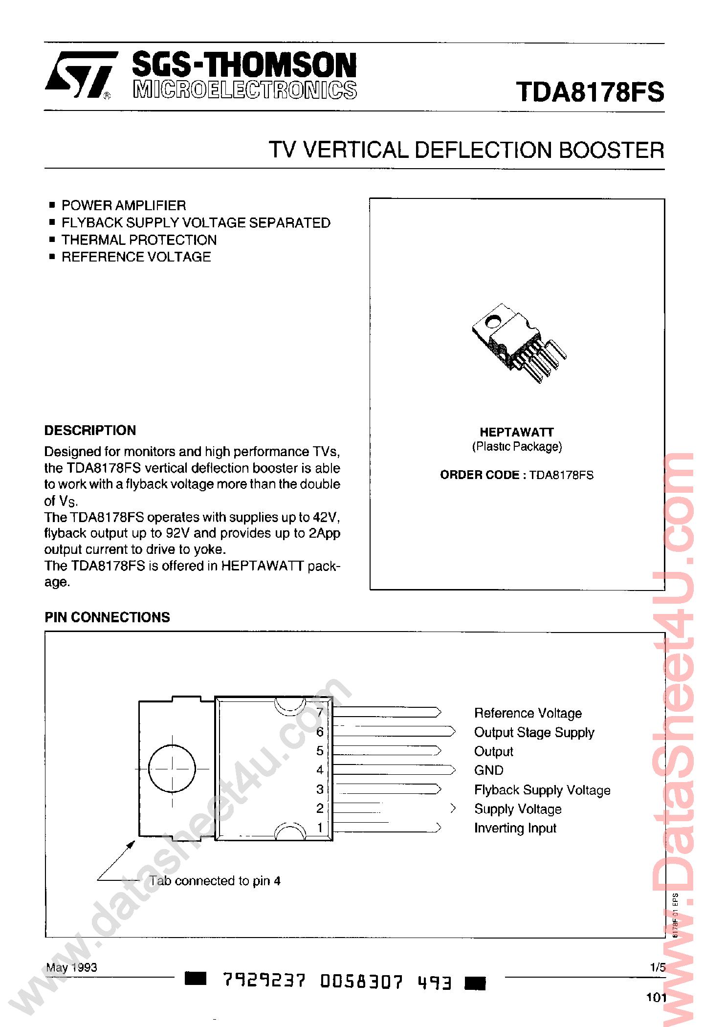 Datasheet TDA8178FS - TV Vertical Deflection Booster page 1