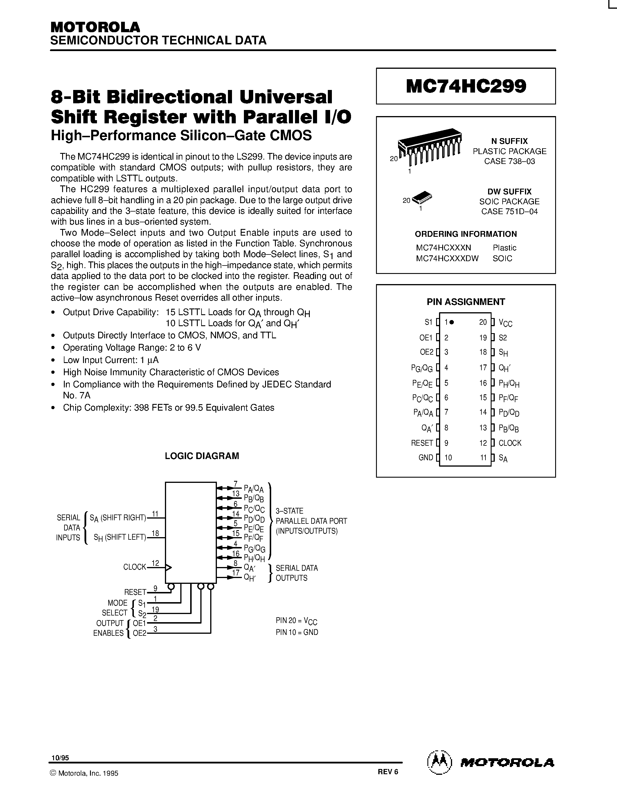 Даташит MC74HC299 - 8-Bit Bidirectional Universal Shift Register with Parallel I/O страница 1