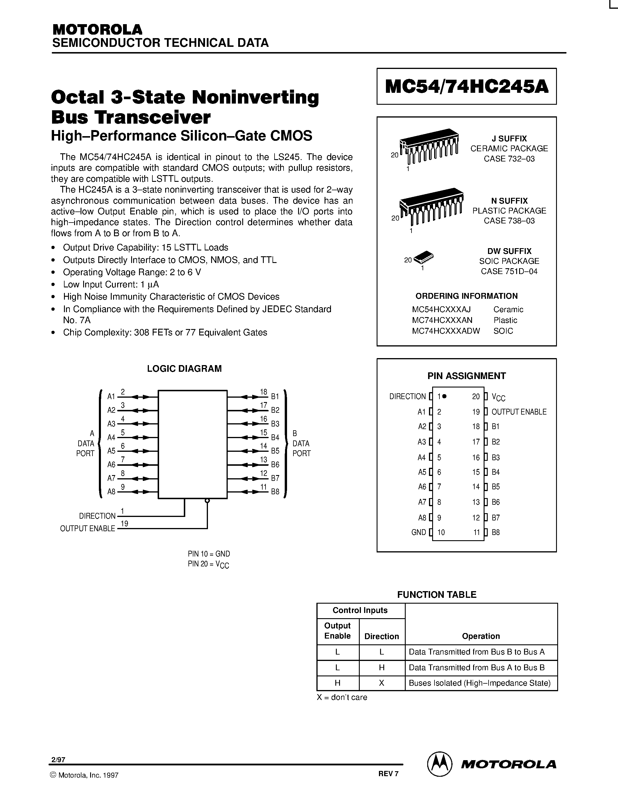 Даташит MC74HC254A - Octal 3-State Noninverting Buffer Transceiver страница 1