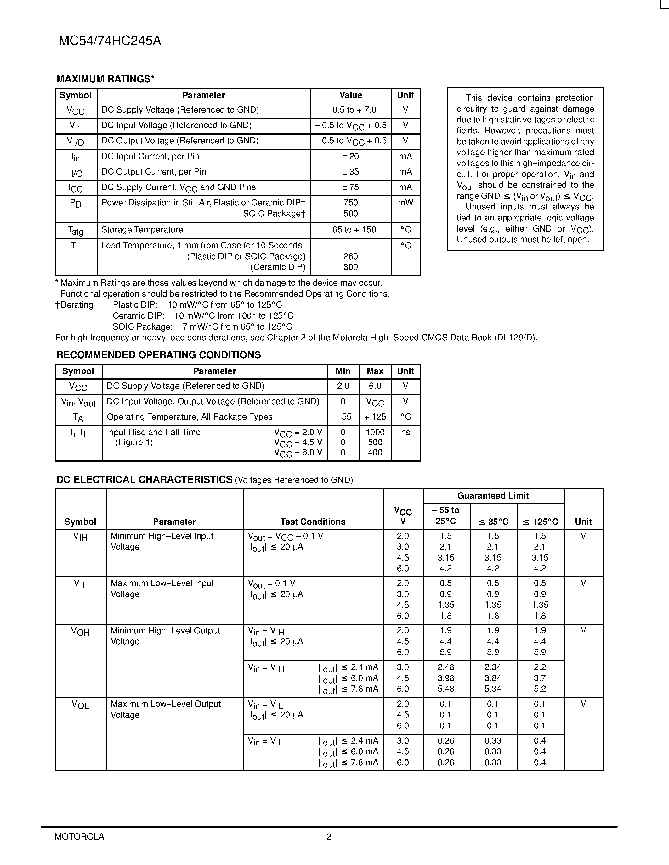 Даташит MC74HC254A - Octal 3-State Noninverting Buffer Transceiver страница 2