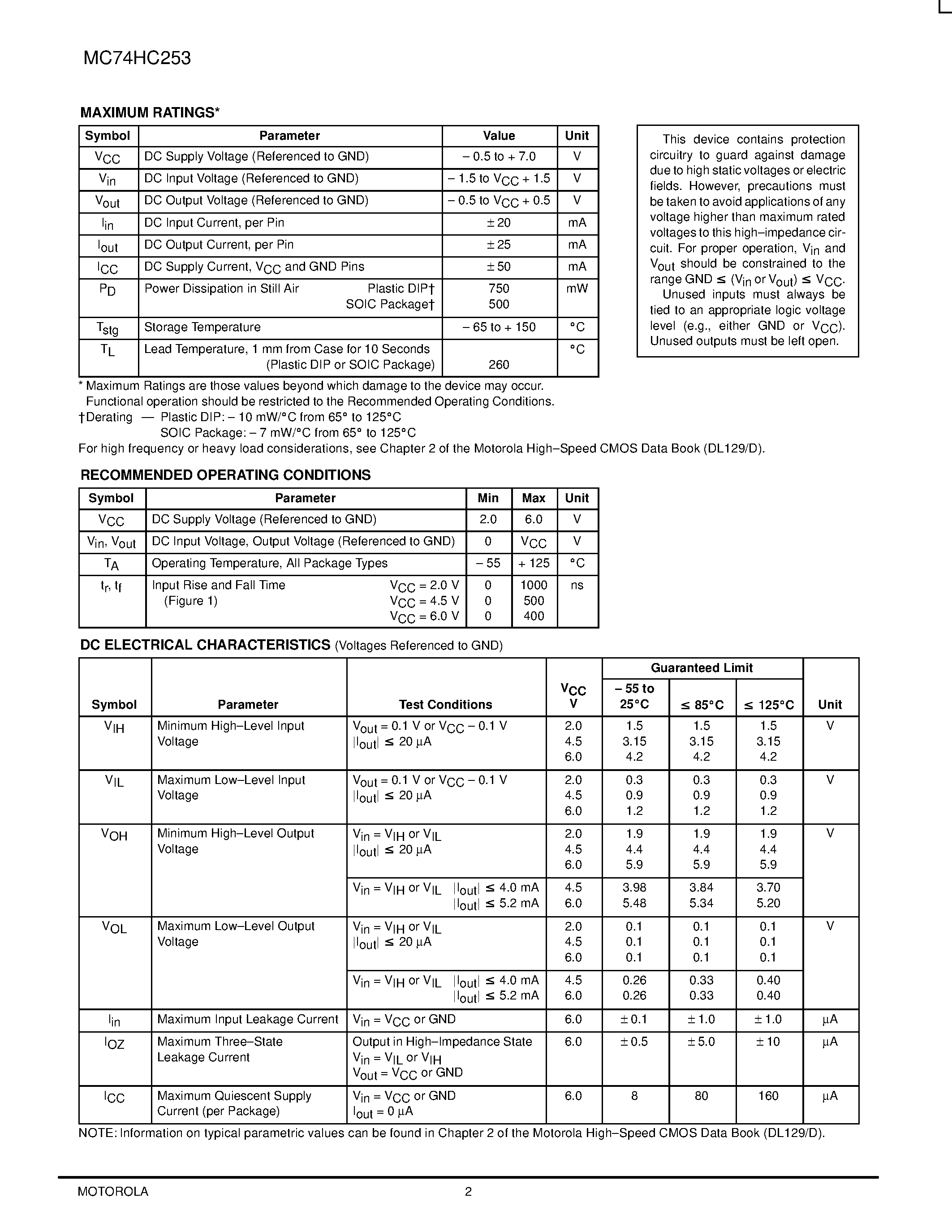 Datasheet MC74HC253 - Dual 4-Input Data Selector/Multiplexer with 3-State Outputs page 2