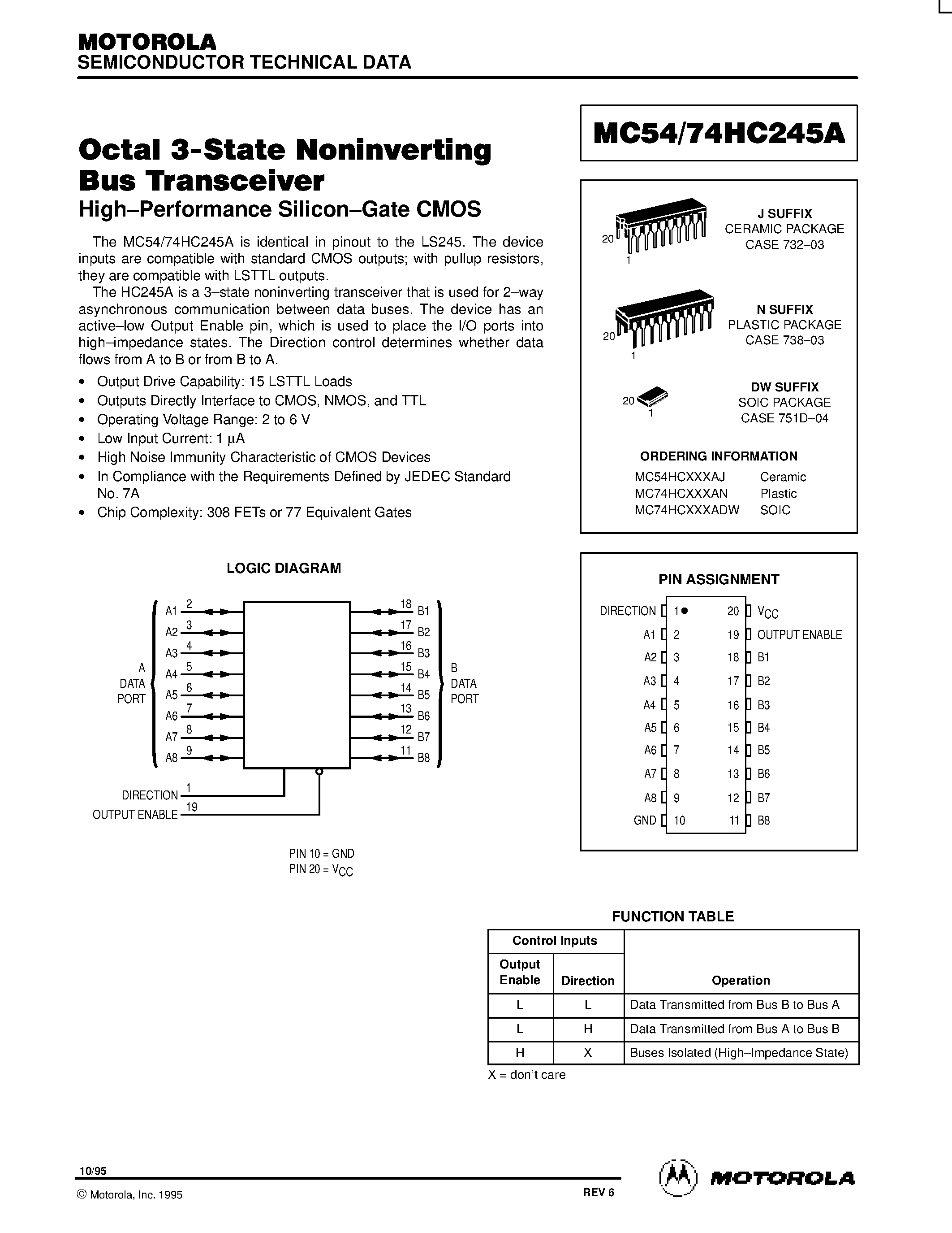 Даташит MC74HC245A - Octal 3-State Noninverting Bus Transceiver страница 1