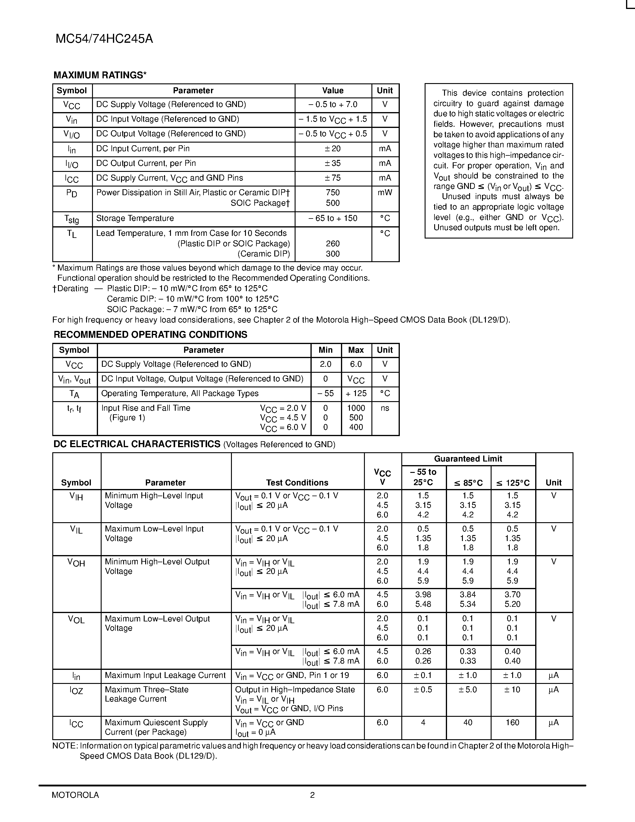 Даташит MC74HC245A - Octal 3-State Noninverting Bus Transceiver страница 2