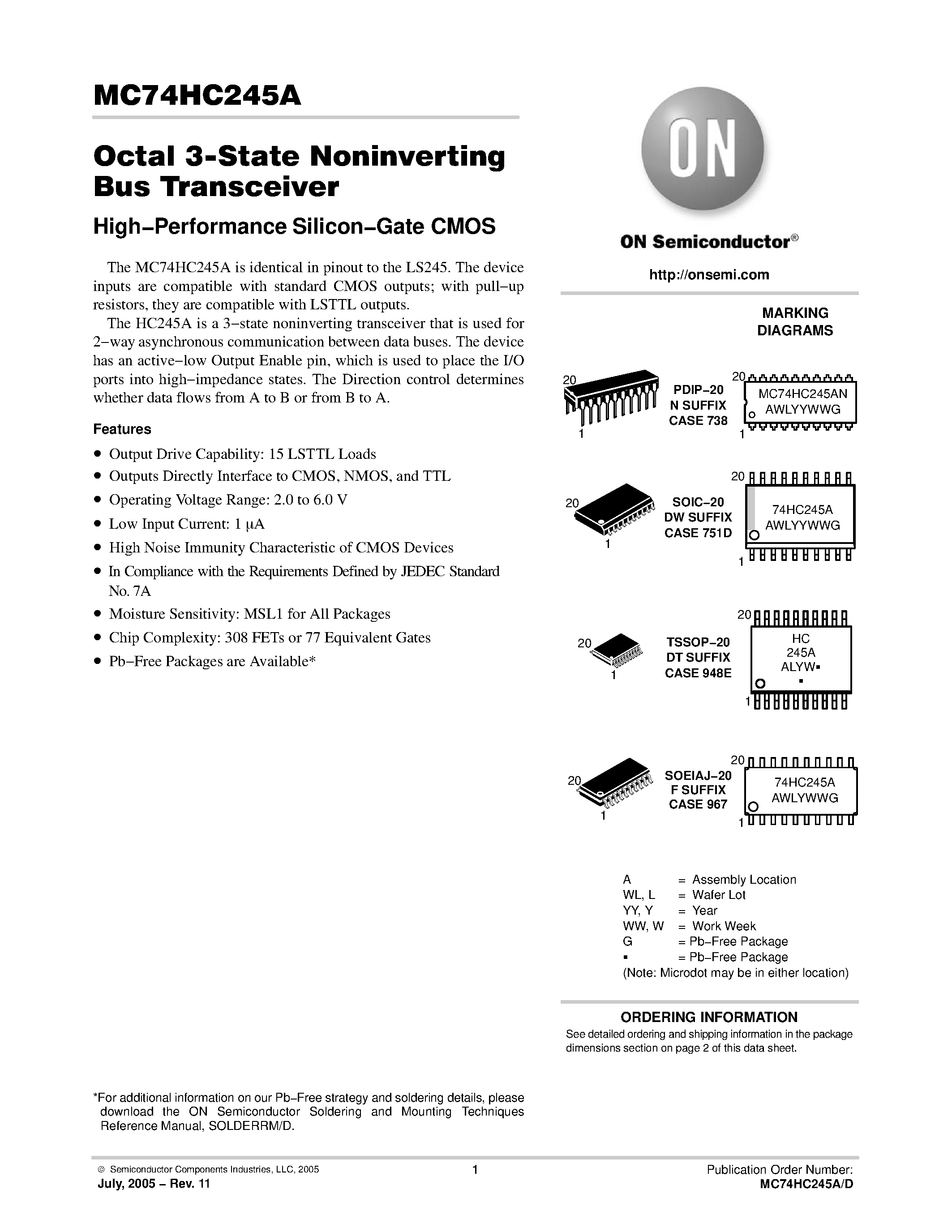 Даташит MC74HC245A - Octal 3-State Noninverting Bus Transceiver страница 1