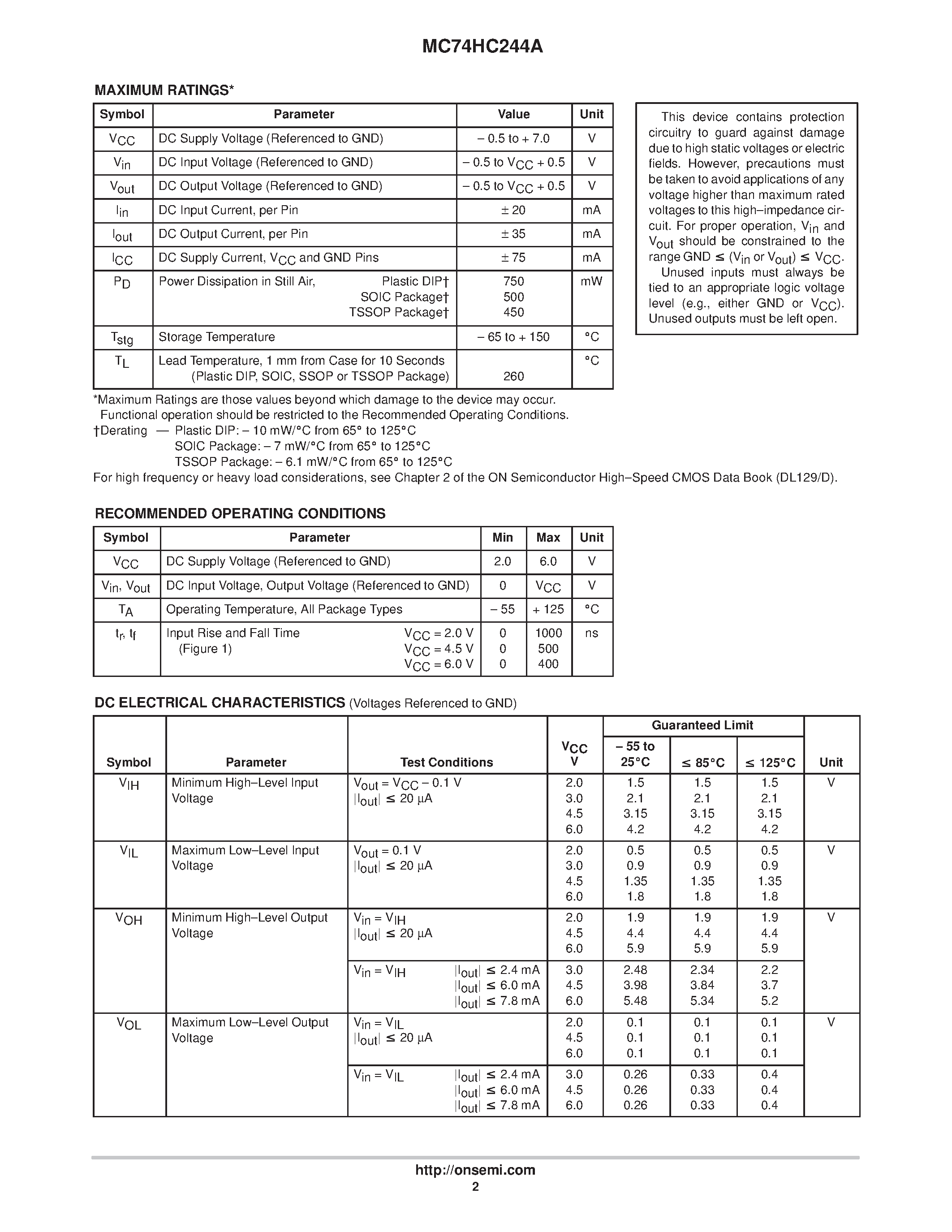 Даташит MC74HC244A - Octal 3-State Noninverting Buffer/Line Driver/Line Receiver страница 2
