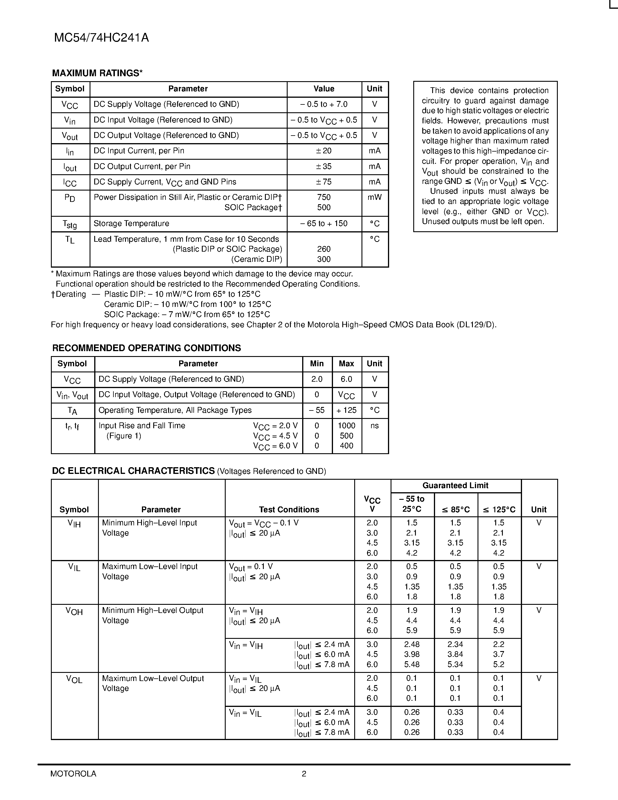 Даташит MC74HC241A - Octal 3-State Noninverting Buffer/Line Driver/Line Receiver страница 2